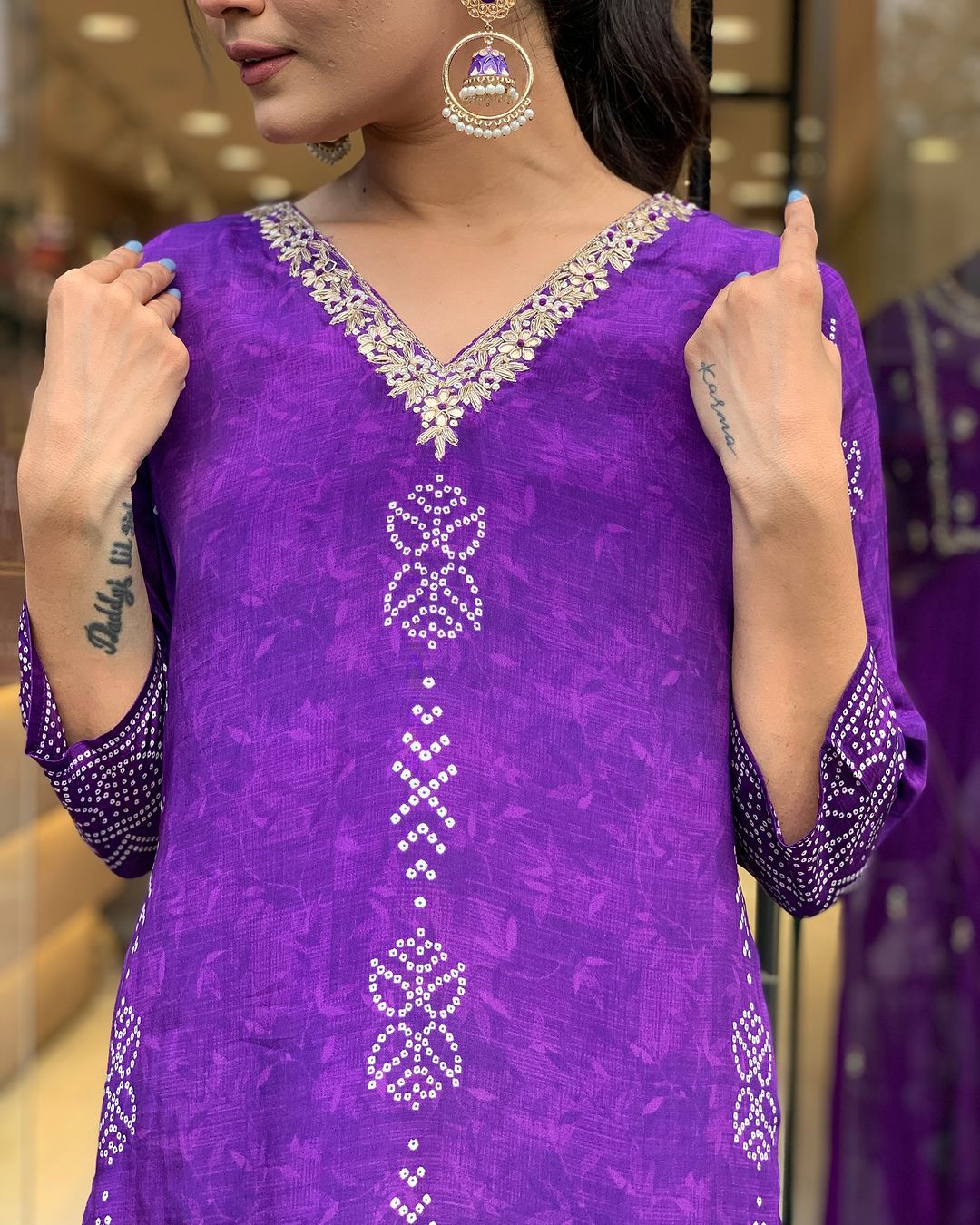 Purple French Crepe Print Suit Set