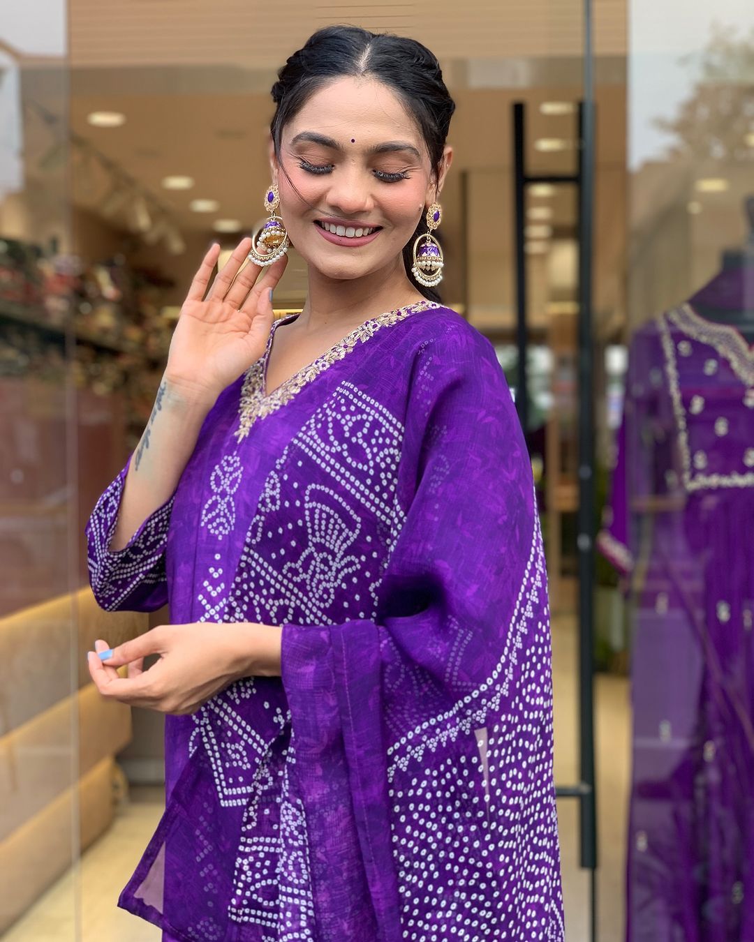 Purple French Crepe Print Suit Set