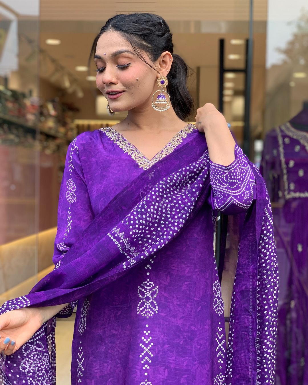 Purple French Crepe Print Suit Set