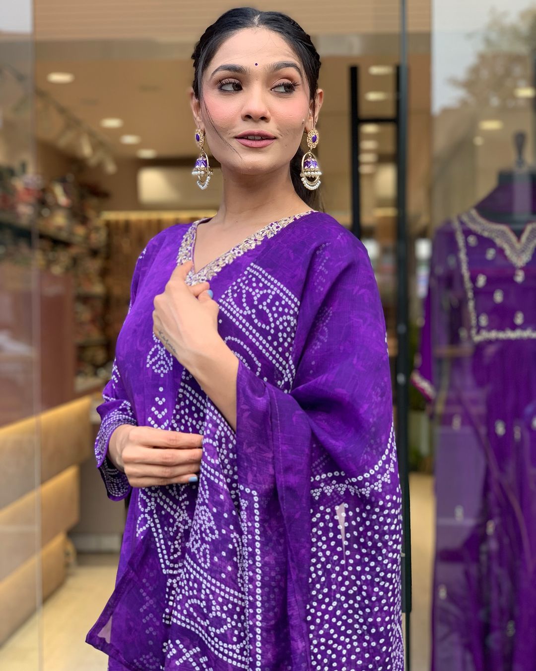 Purple French Crepe Print Suit Set
