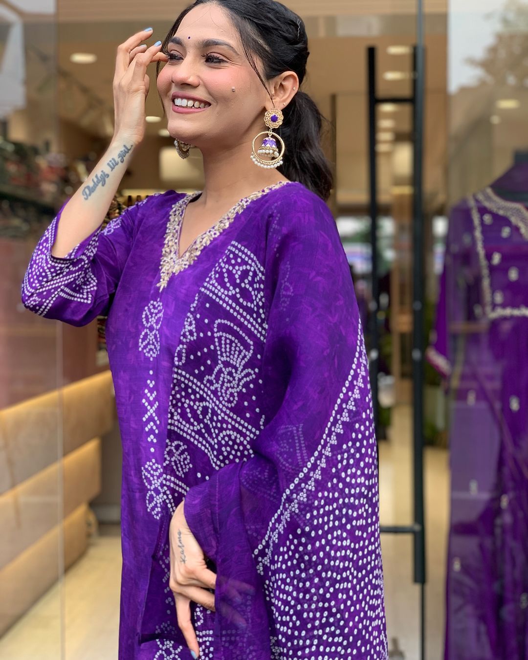 Purple French Crepe Print Suit Set