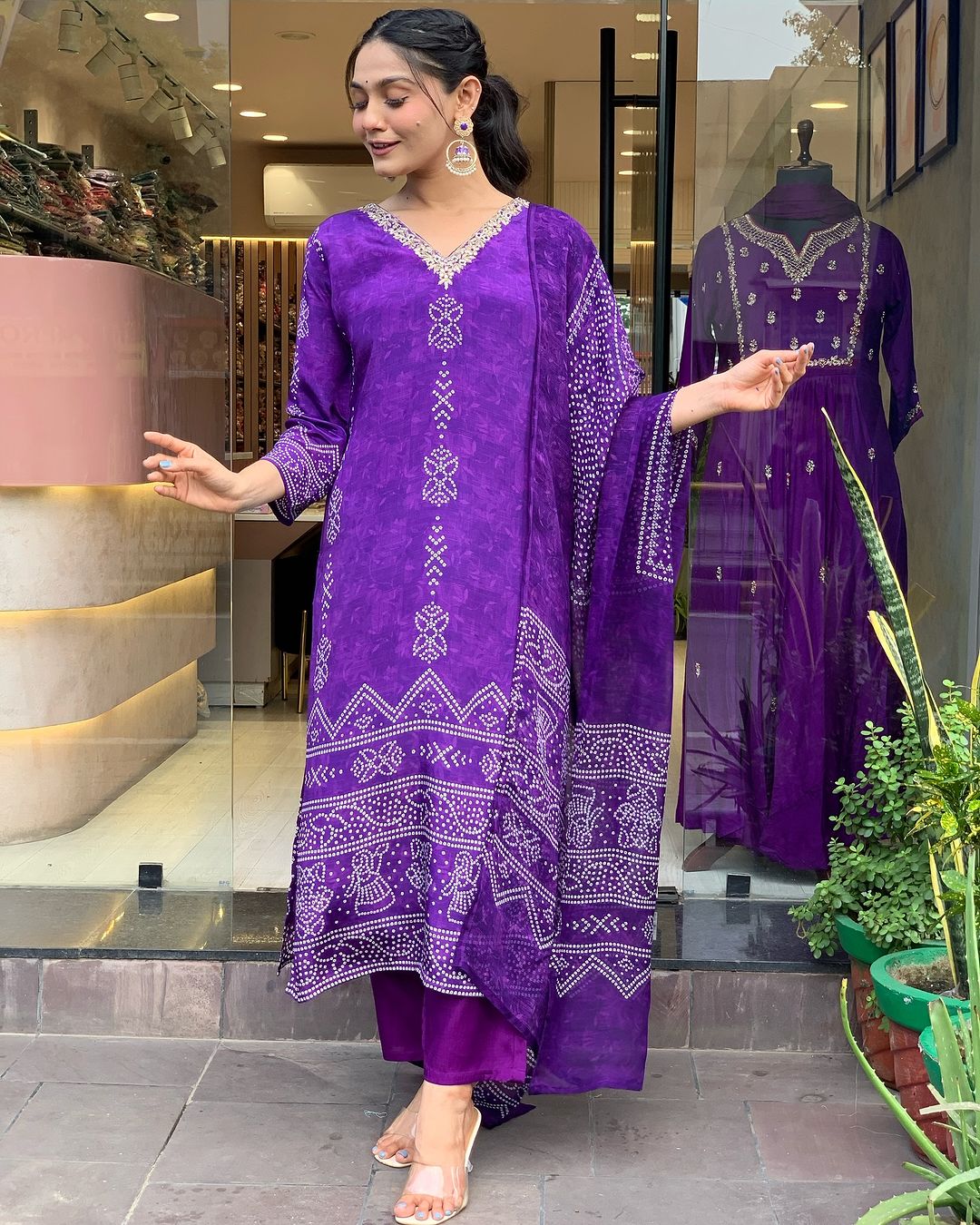 Purple French Crepe Print Suit Set