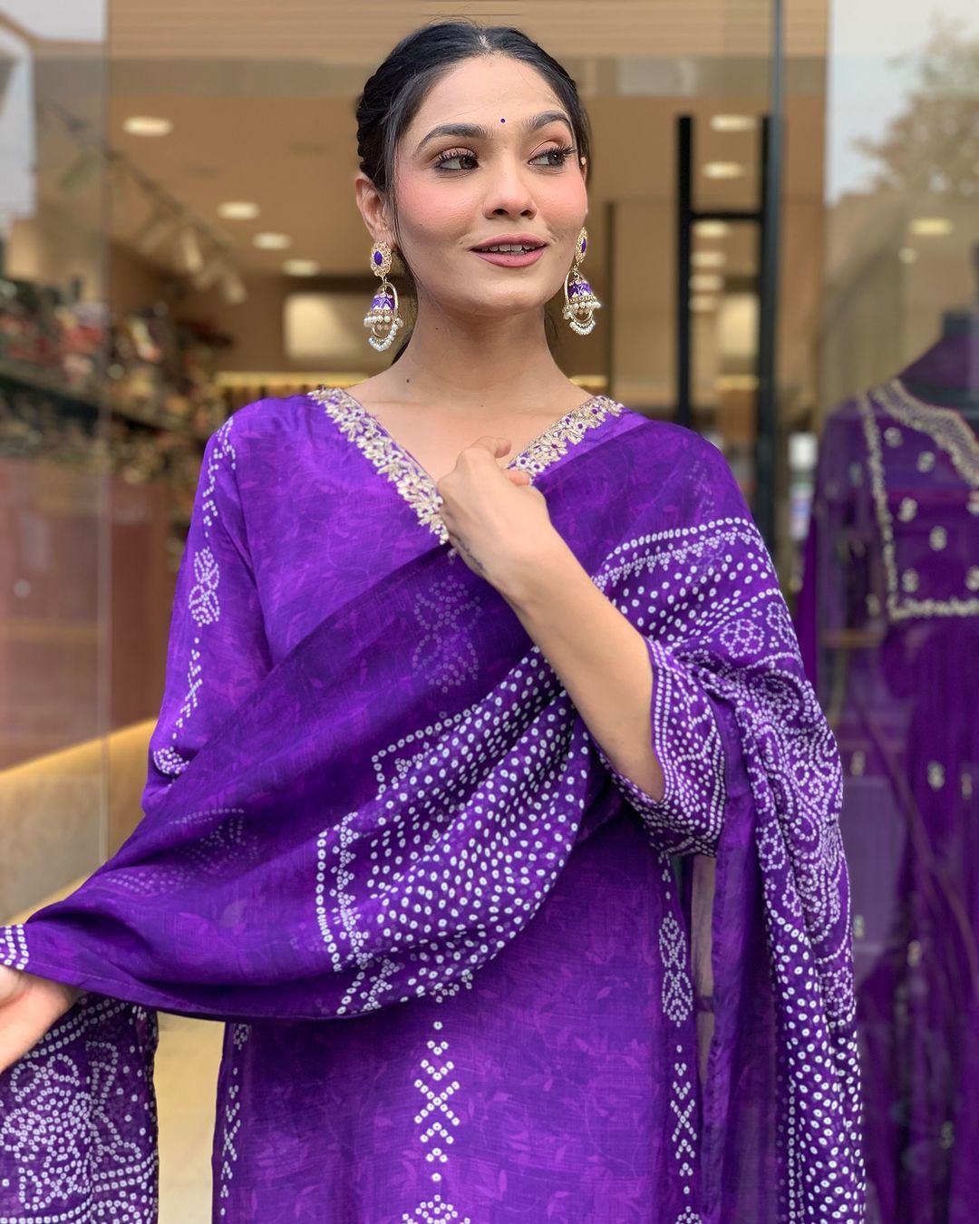 Purple French Crepe Print Suit Set