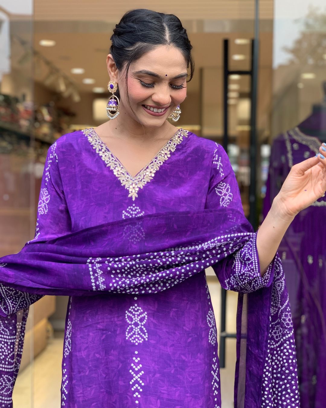Purple French Crepe Print Suit Set