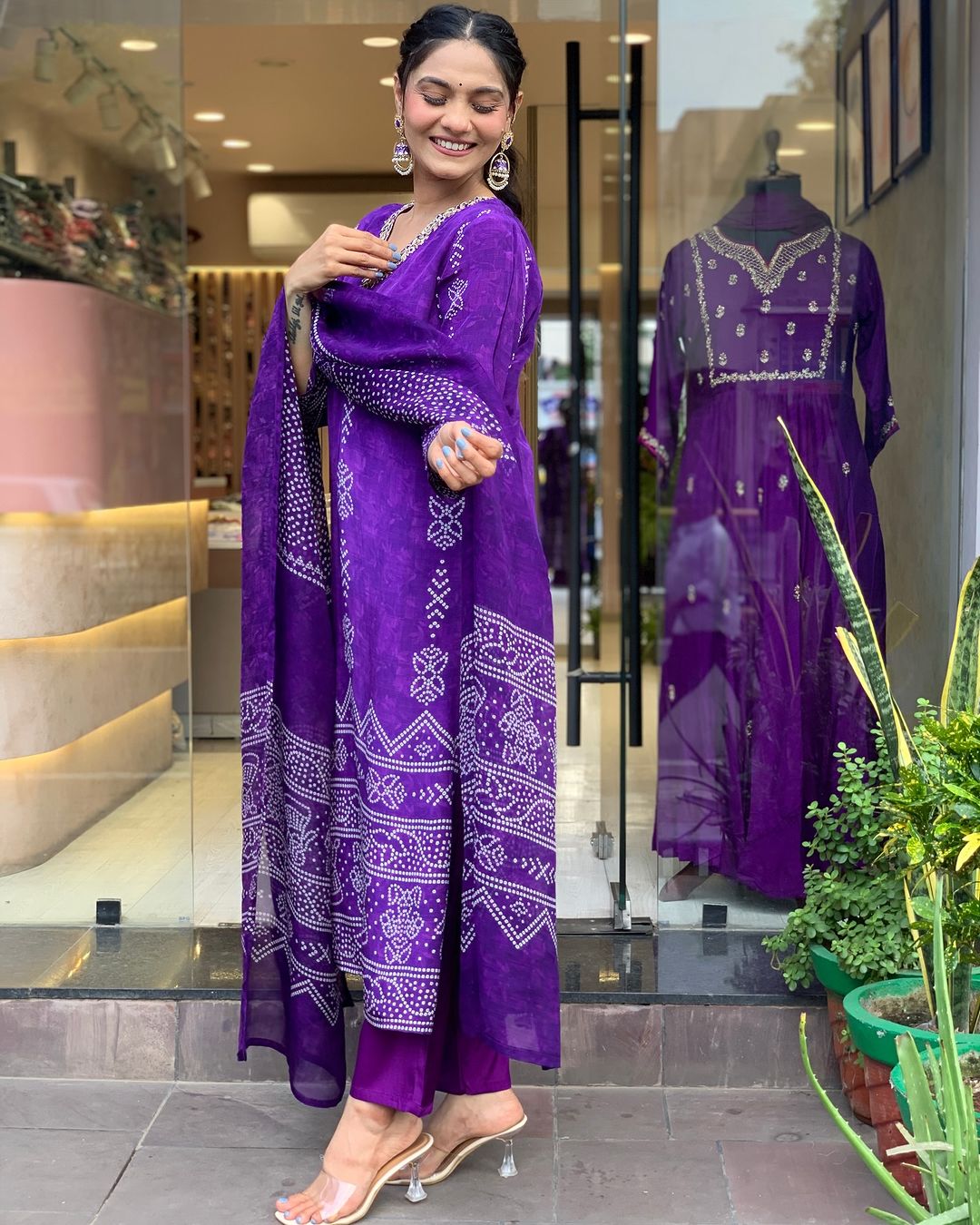 Purple French Crepe Print Suit Set