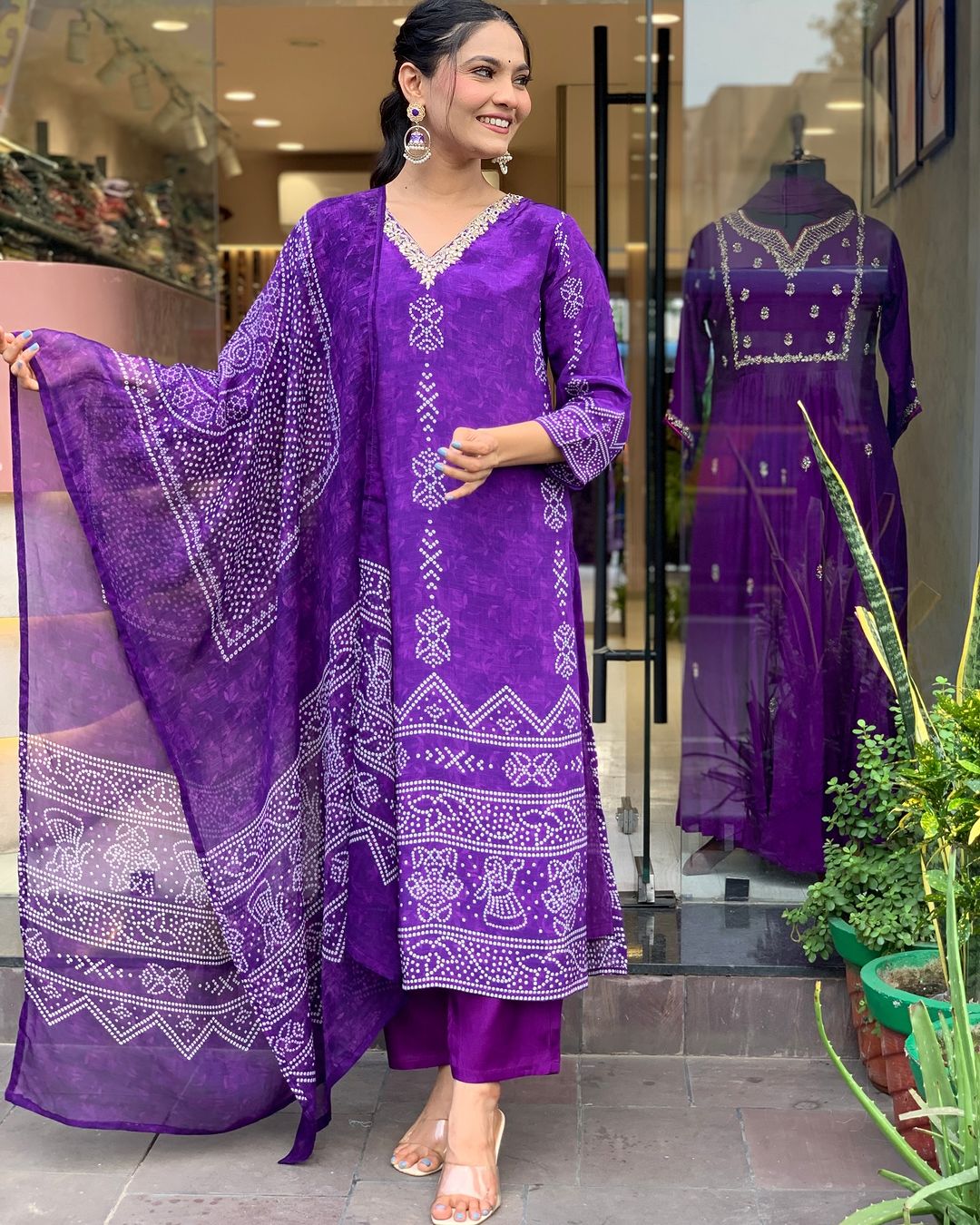 Purple French Crepe Print Suit Set