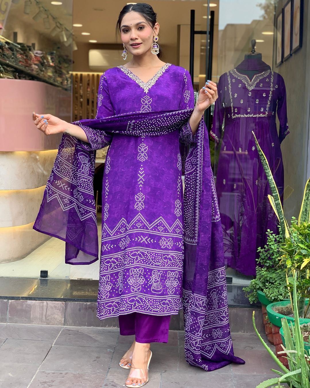 Purple French Crepe Print Suit Set