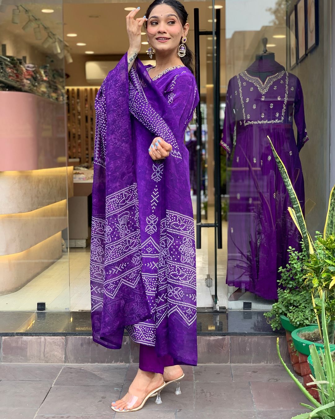 Purple French Crepe Print Suit Set
