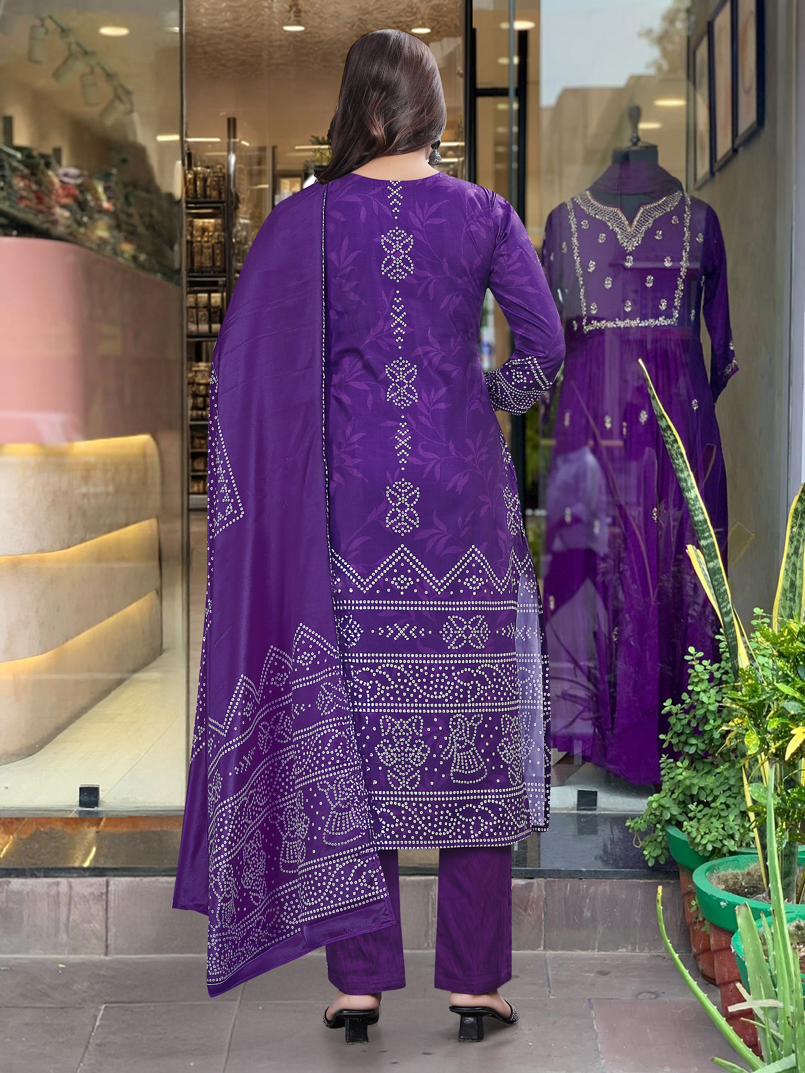 Purple French Crepe Print Suit Set