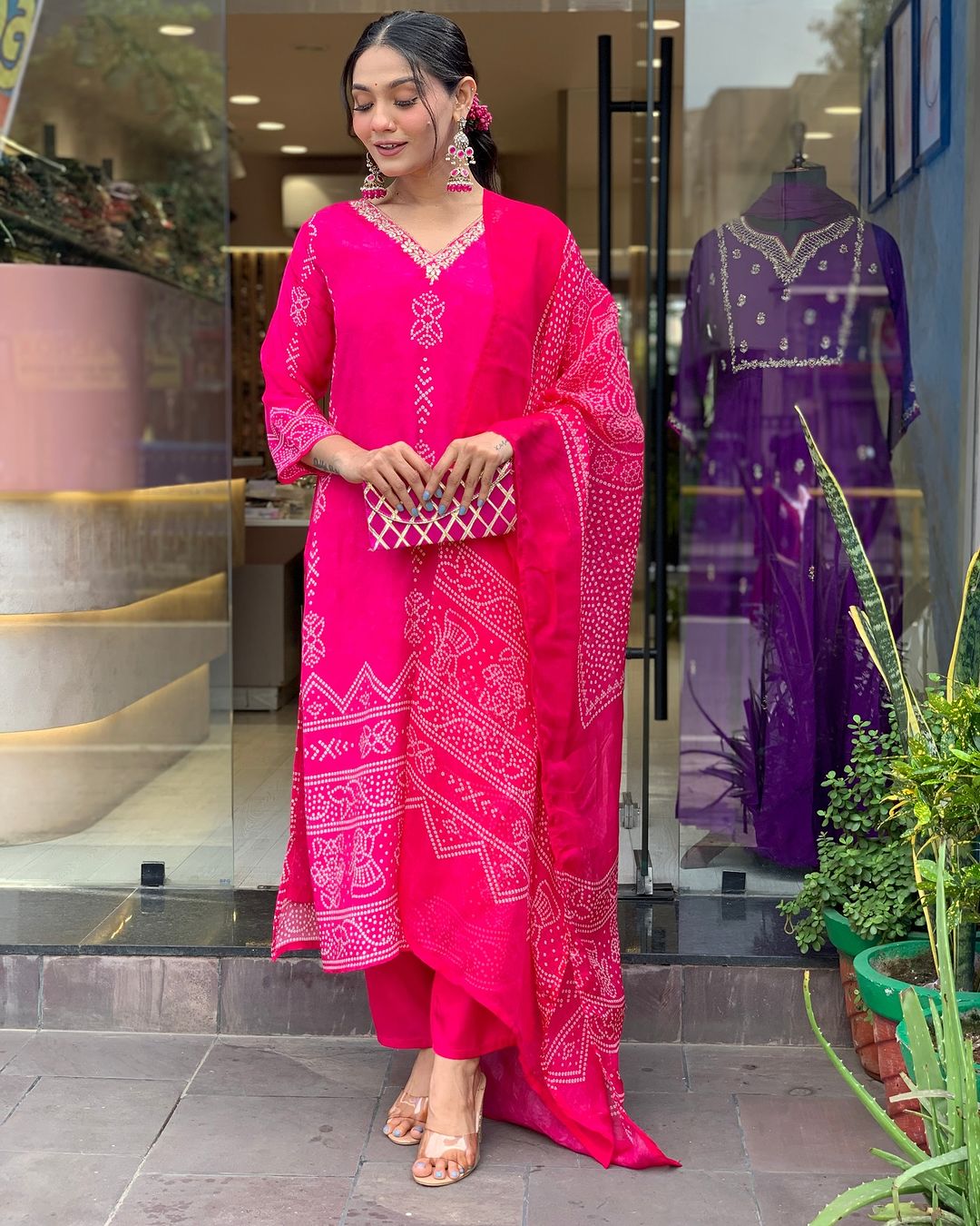 Pink French Crepe Print Suit Set