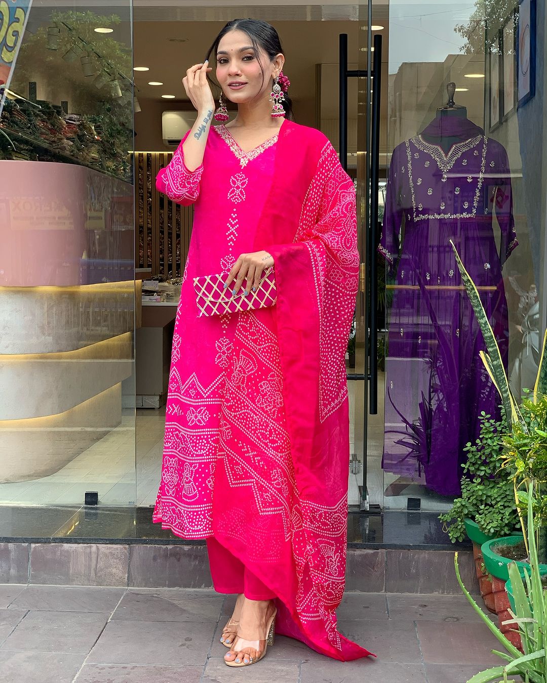 Pink French Crepe Print Suit Set