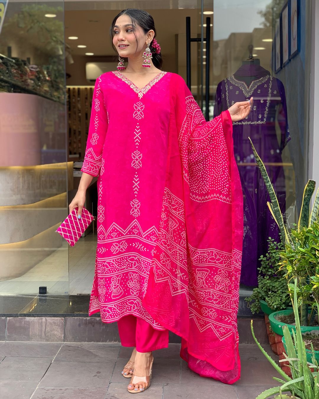 Pink French Crepe Print Suit Set