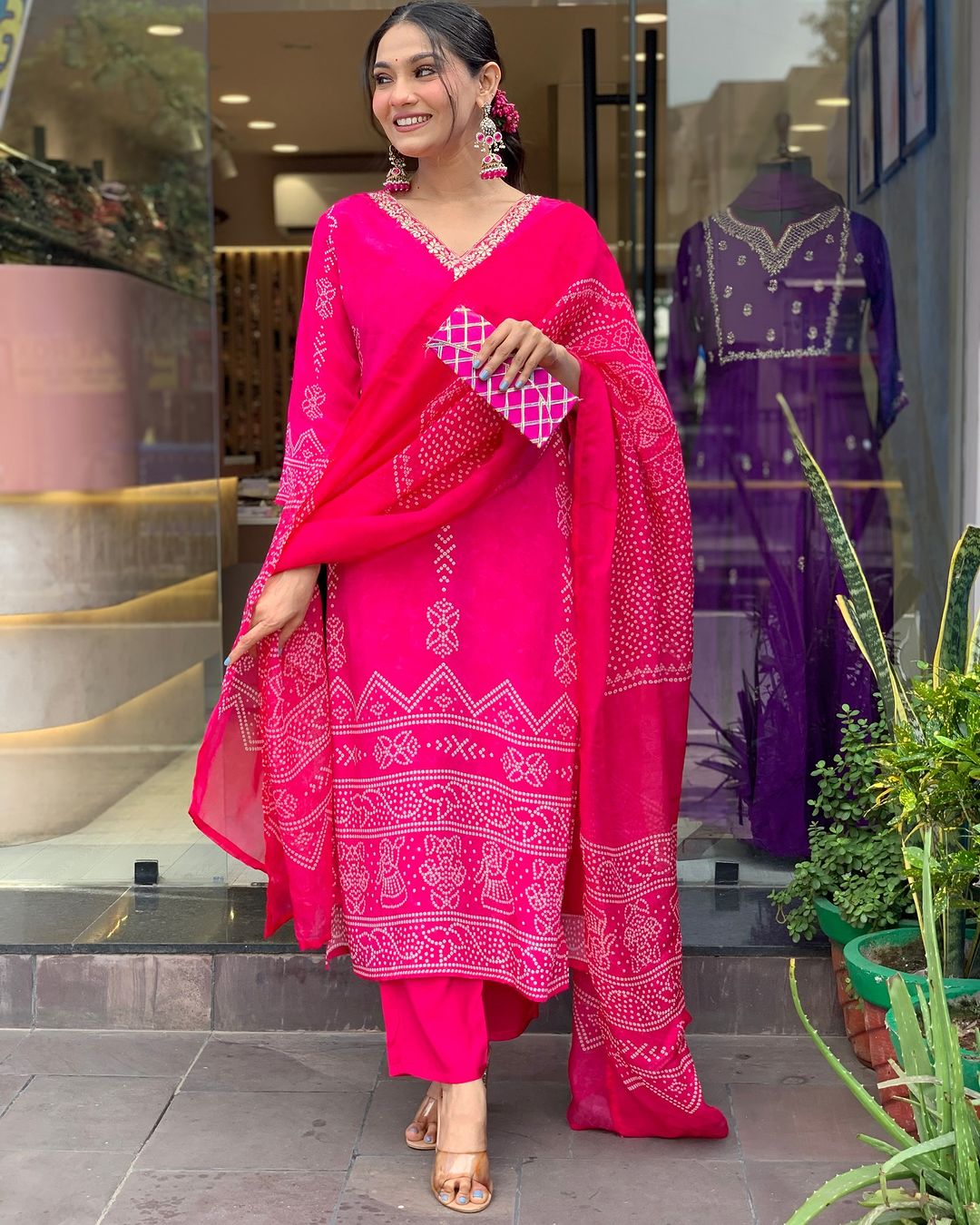Pink French Crepe Print Suit Set