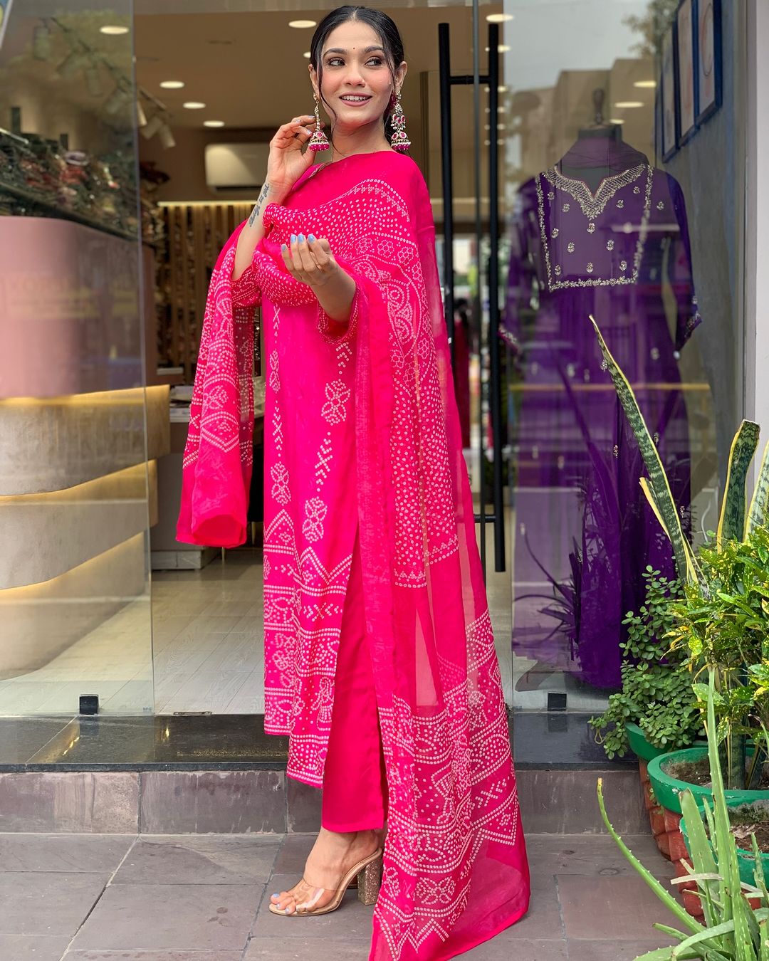 Pink French Crepe Print Suit Set