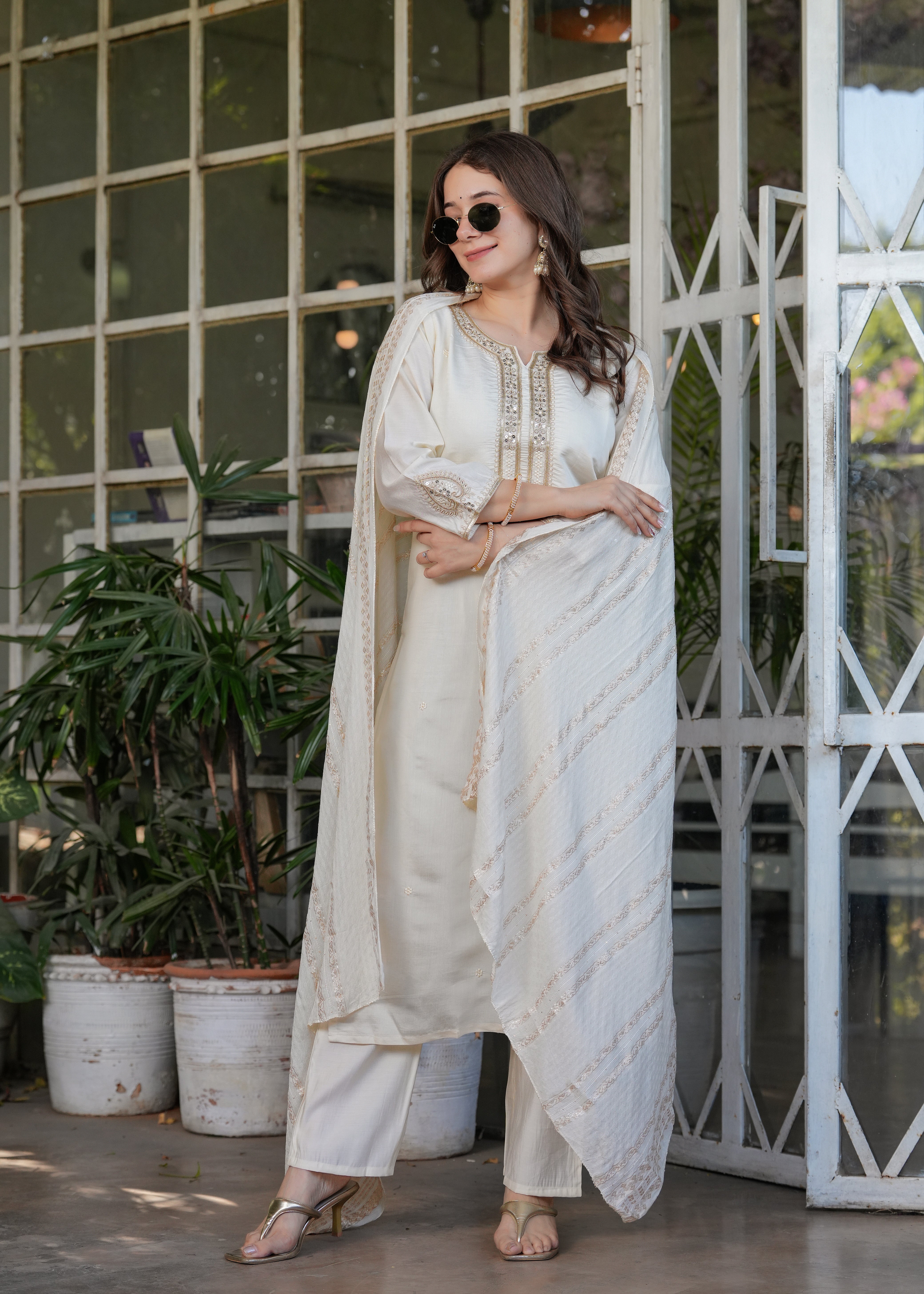 Cream Viscose Chanderi Embroidered Kurta Set