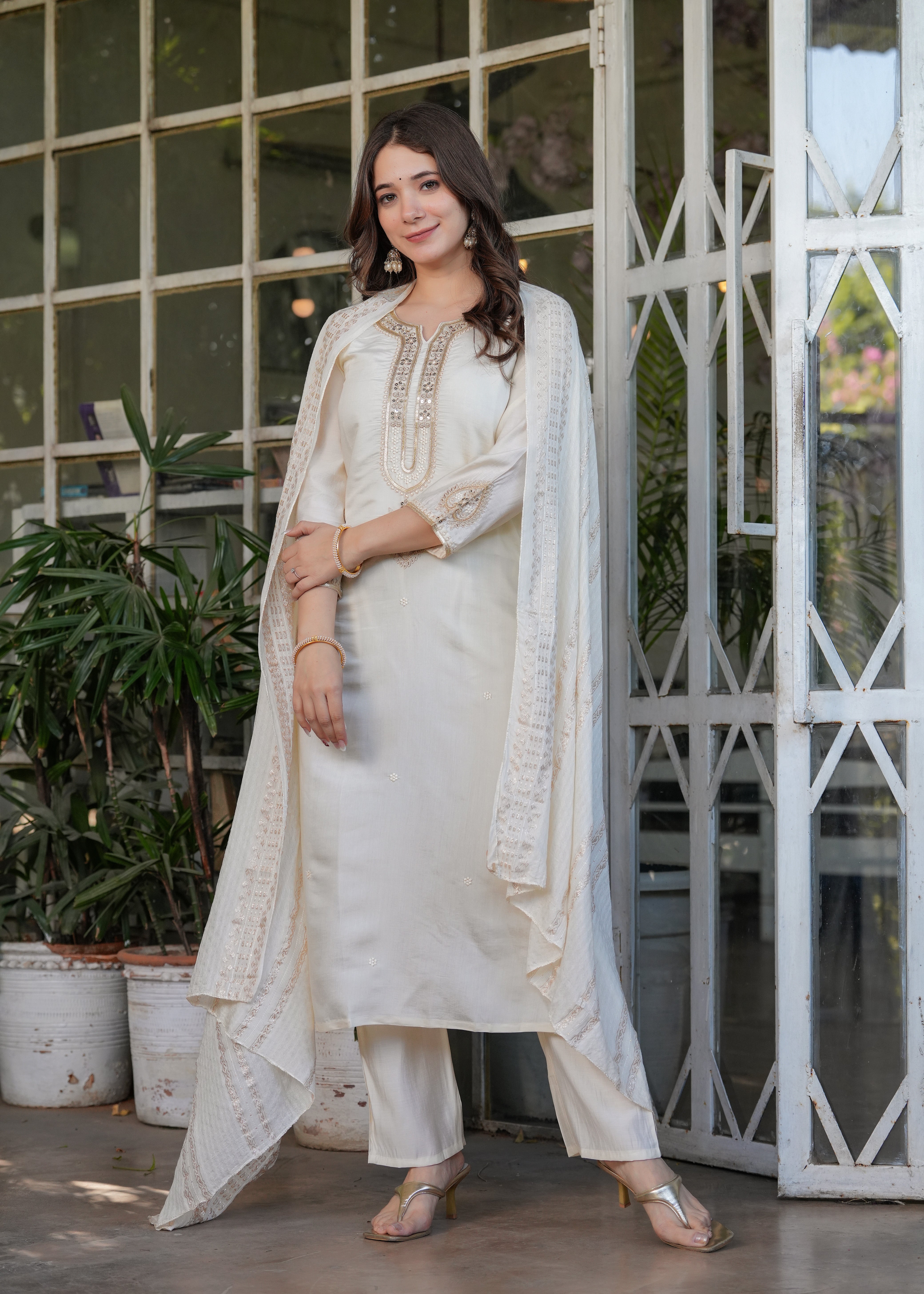 Cream Viscose Chanderi Embroidered Kurta Set