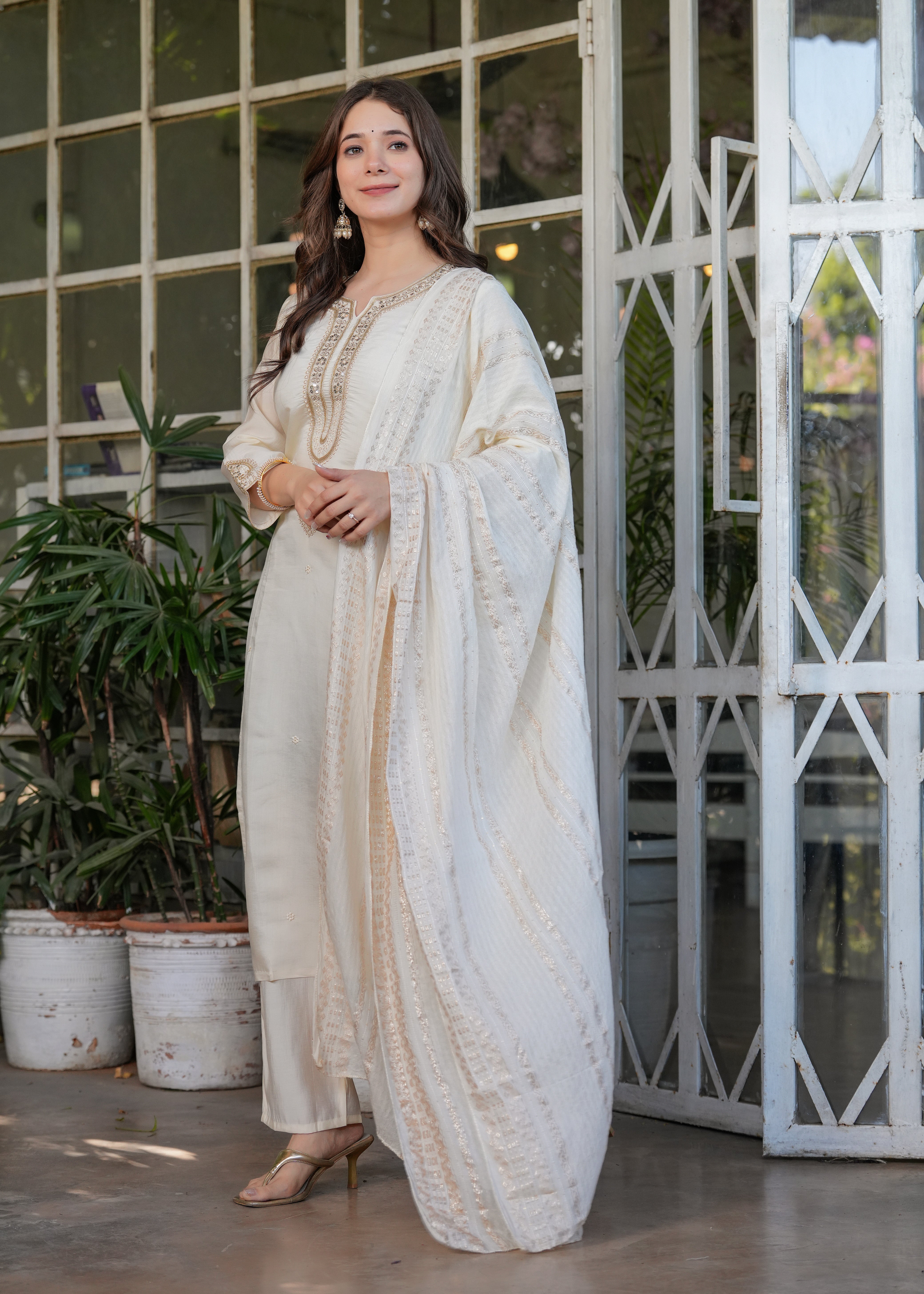 Cream Viscose Chanderi Embroidered Kurta Set