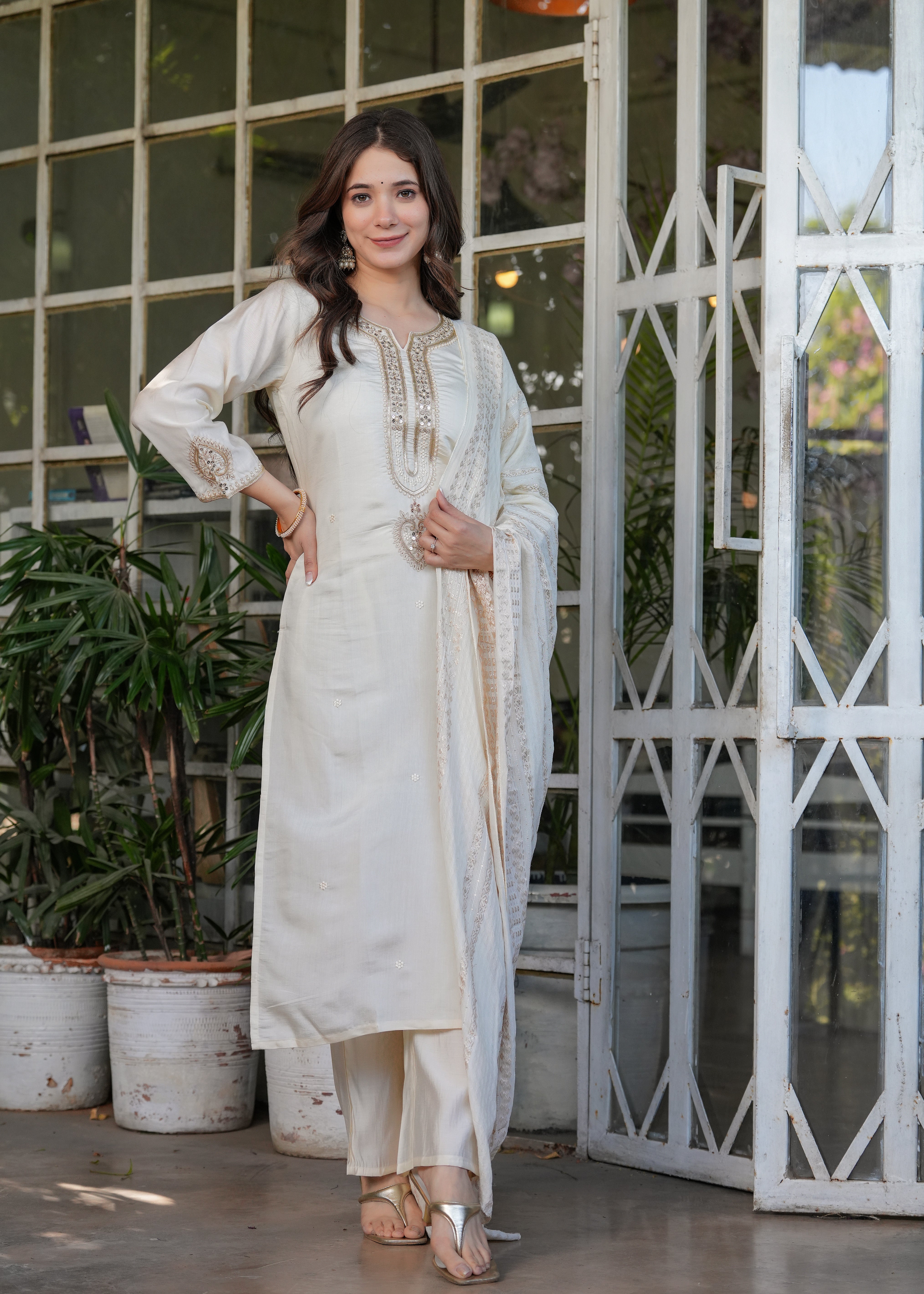 Cream Viscose Chanderi Embroidered Kurta Set