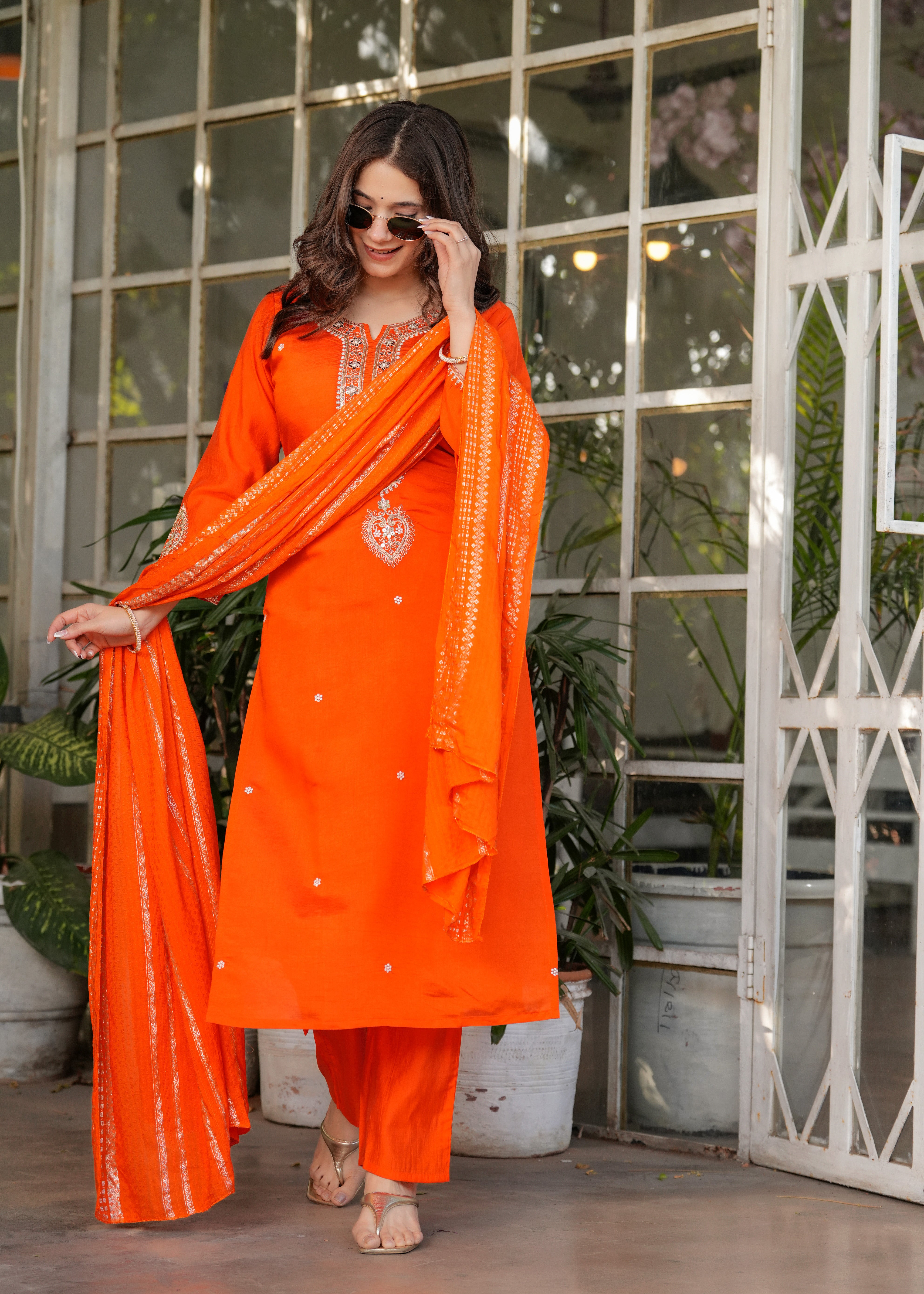 Orange Viscose Chanderi Embroidered Kurta Set