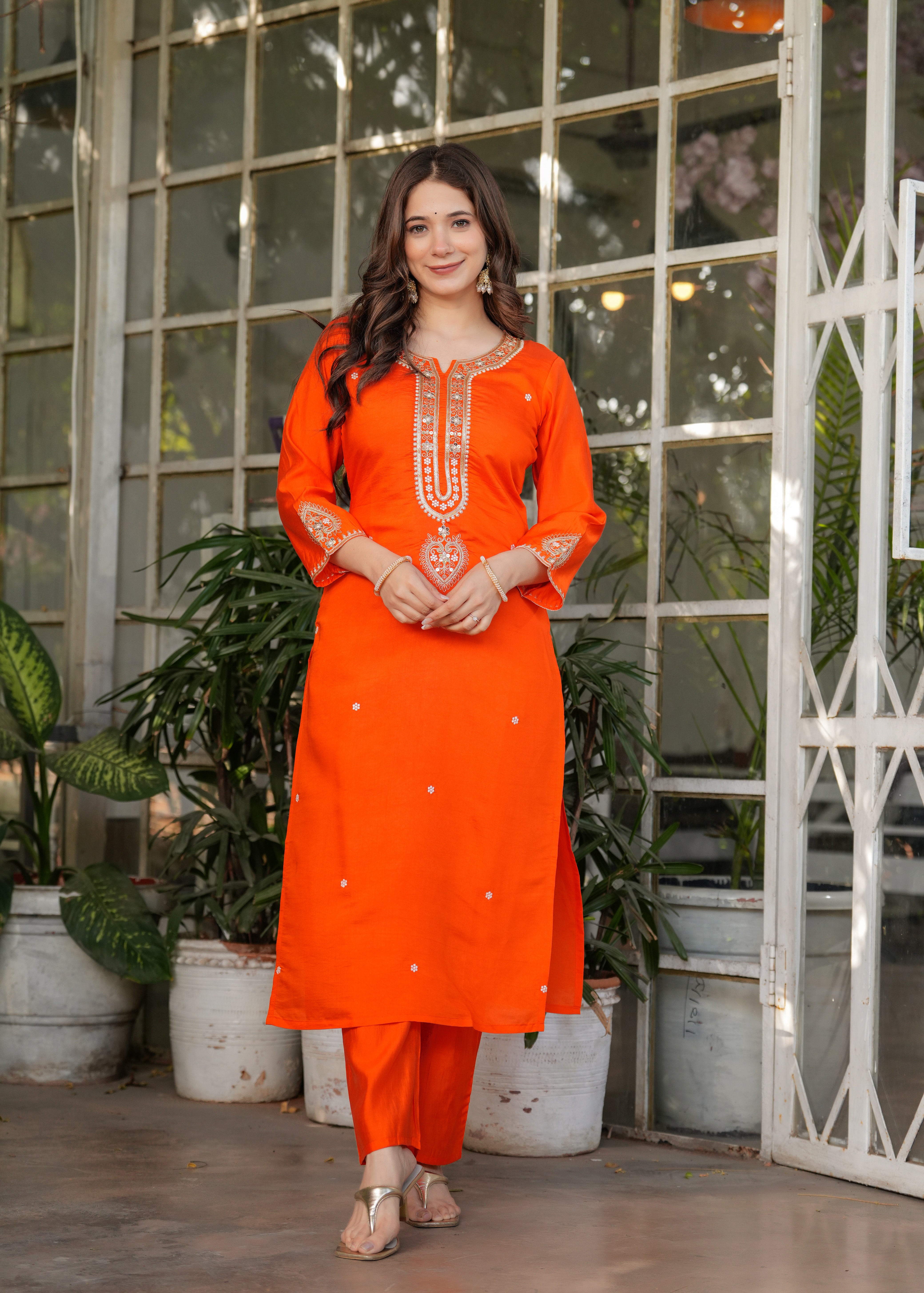 Orange Viscose Chanderi Embroidered Kurta Set