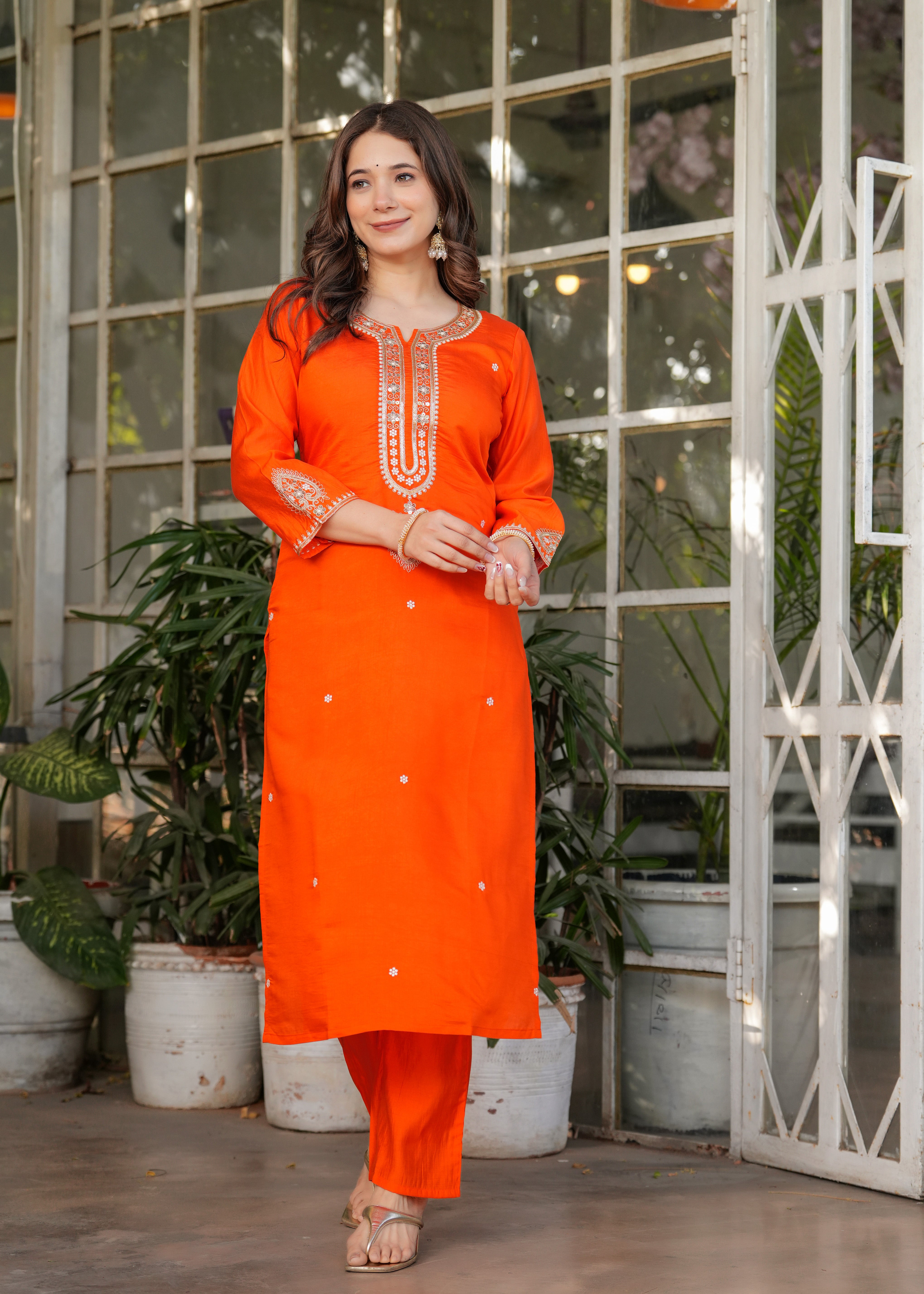 Orange Viscose Chanderi Embroidered Kurta Set