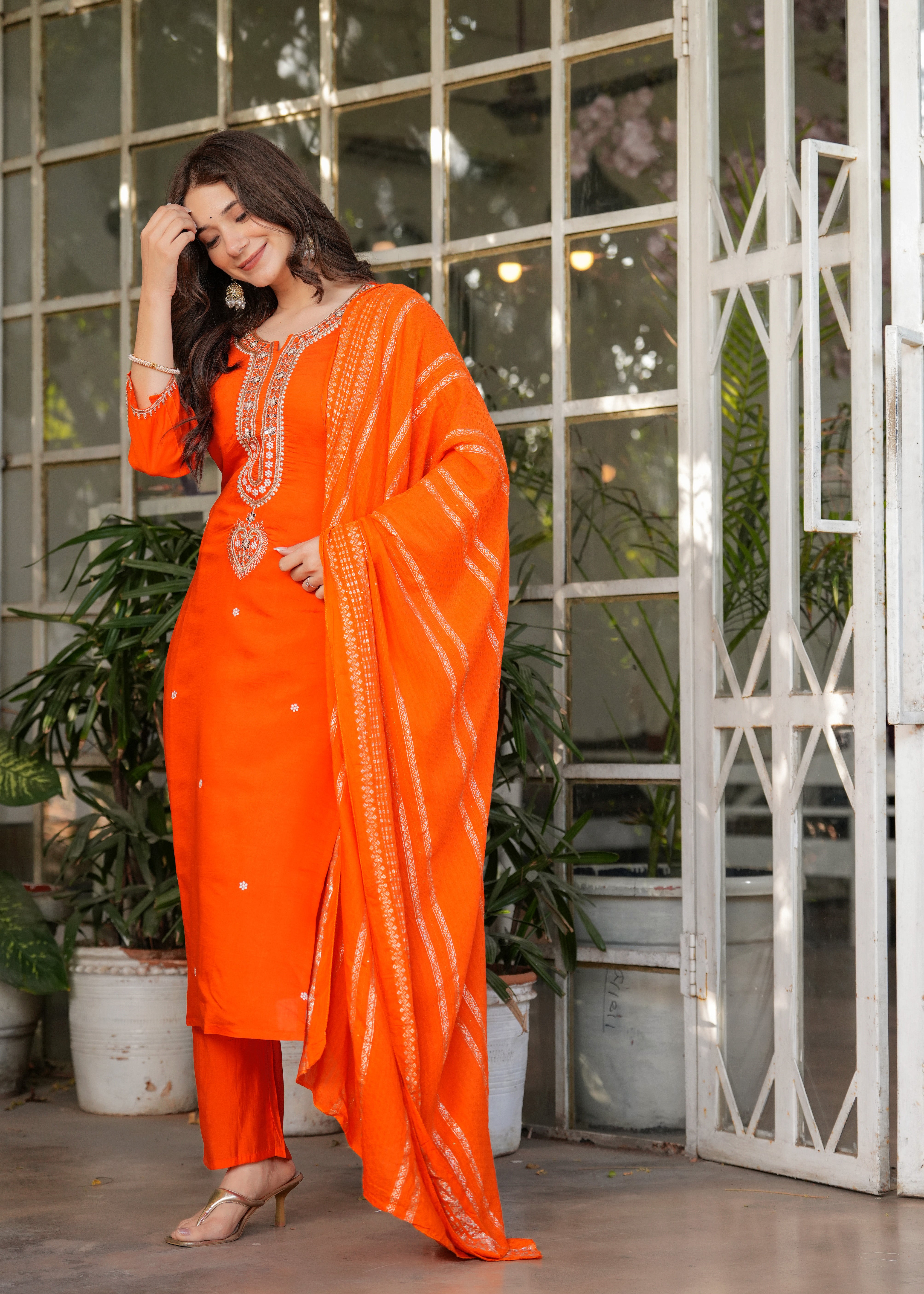 Orange Viscose Chanderi Embroidered Kurta Set