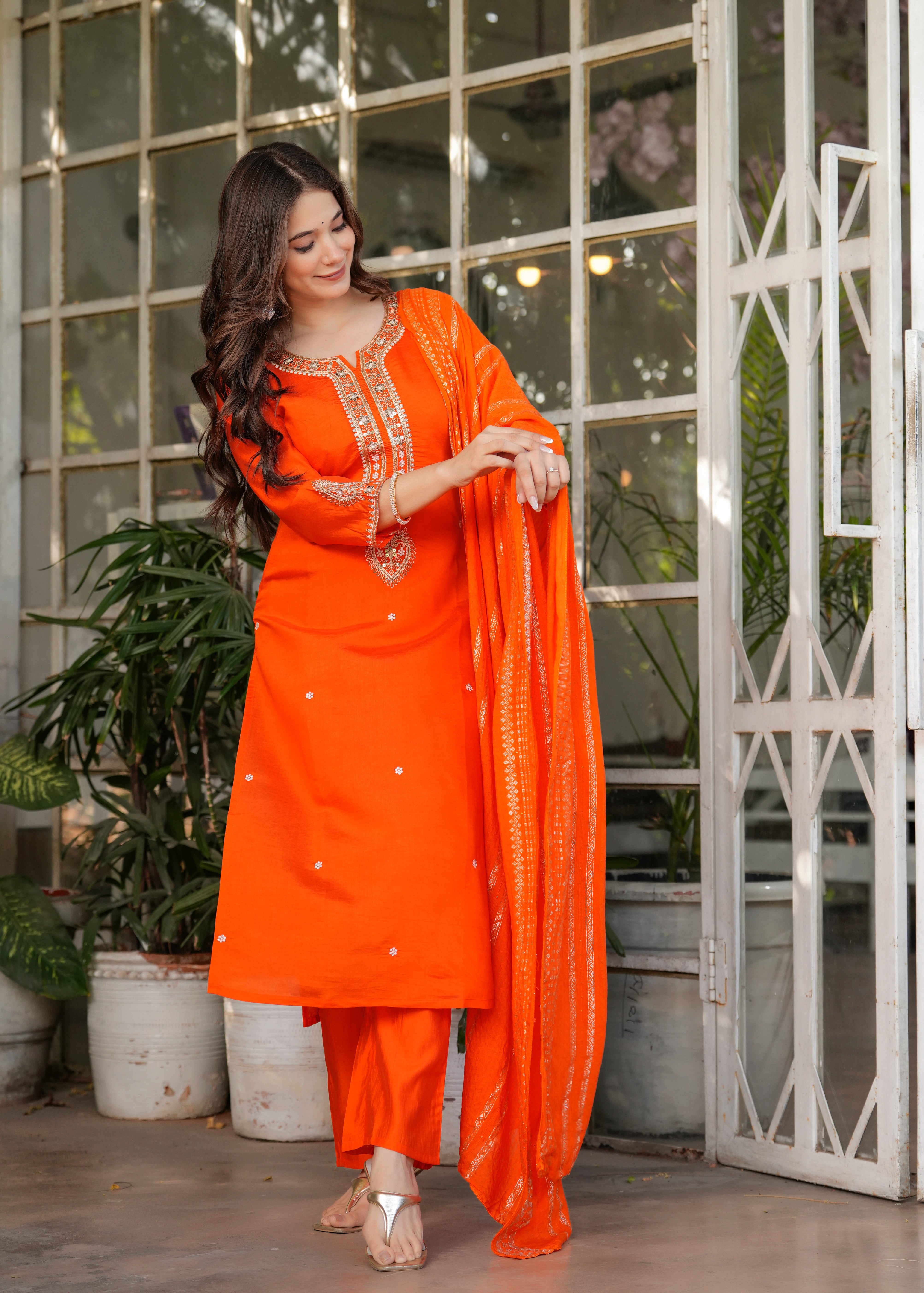 Orange Viscose Chanderi Embroidered Kurta Set