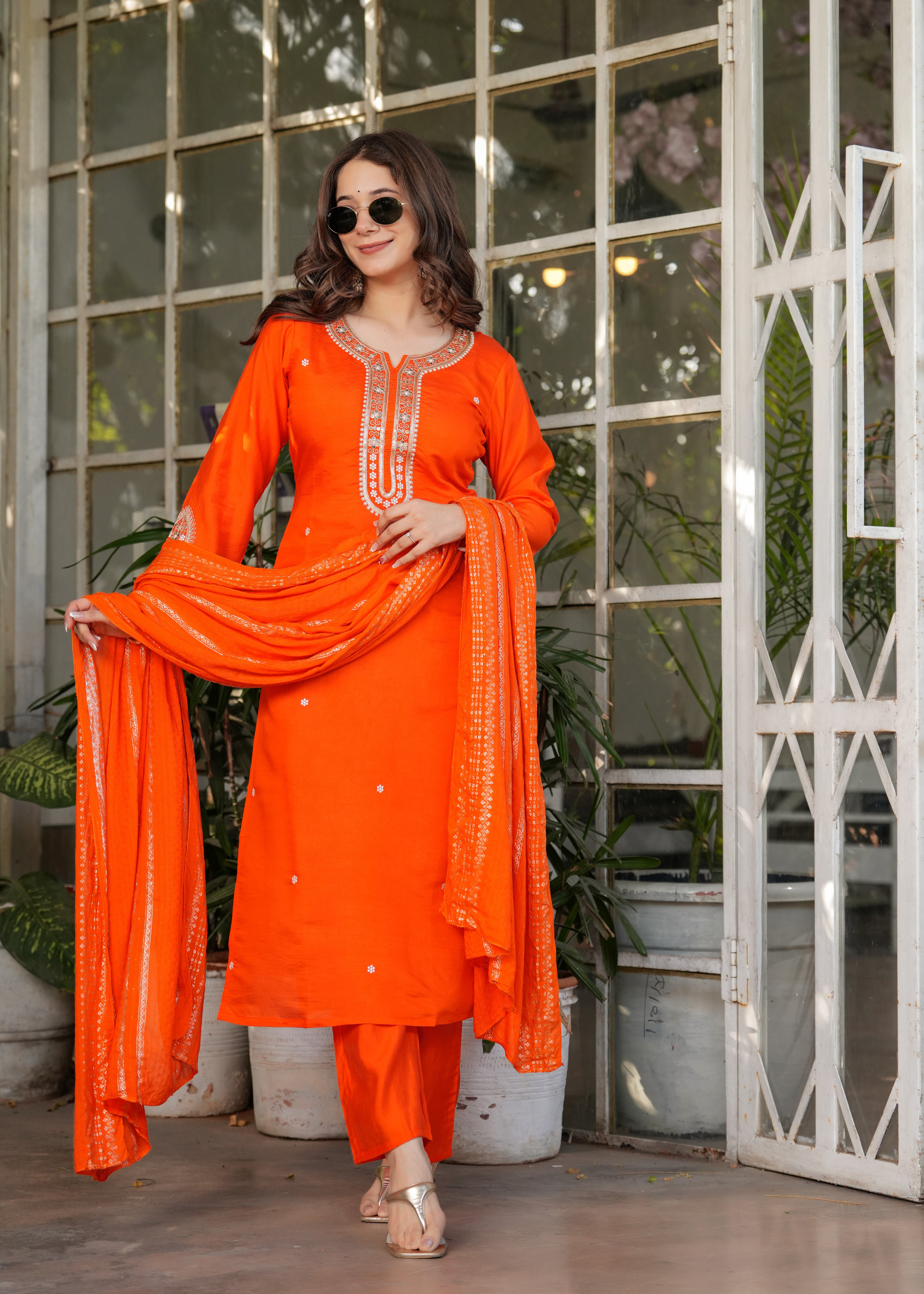 Orange Viscose Chanderi Embroidered Kurta Set