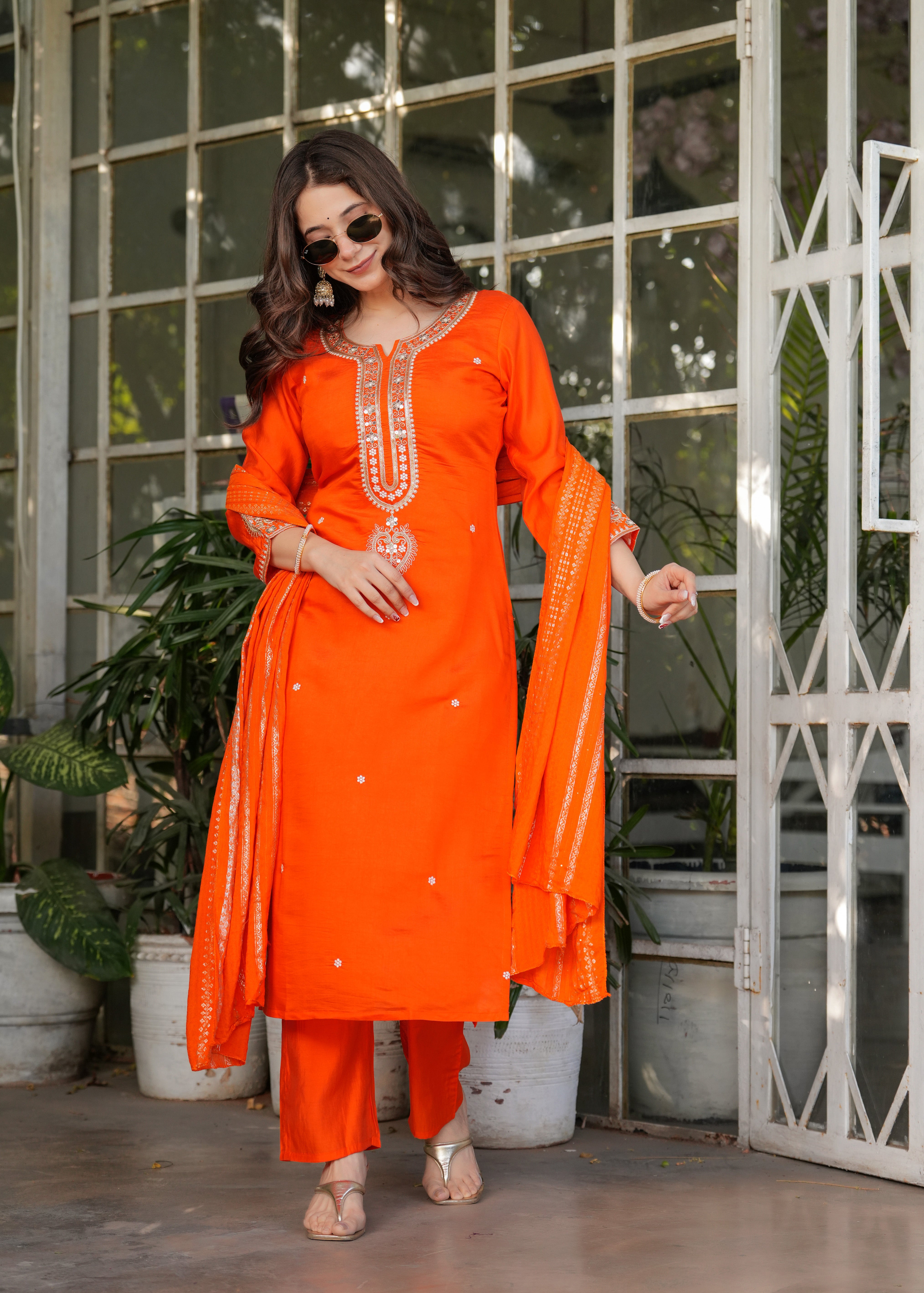 Orange Viscose Chanderi Embroidered Kurta Set