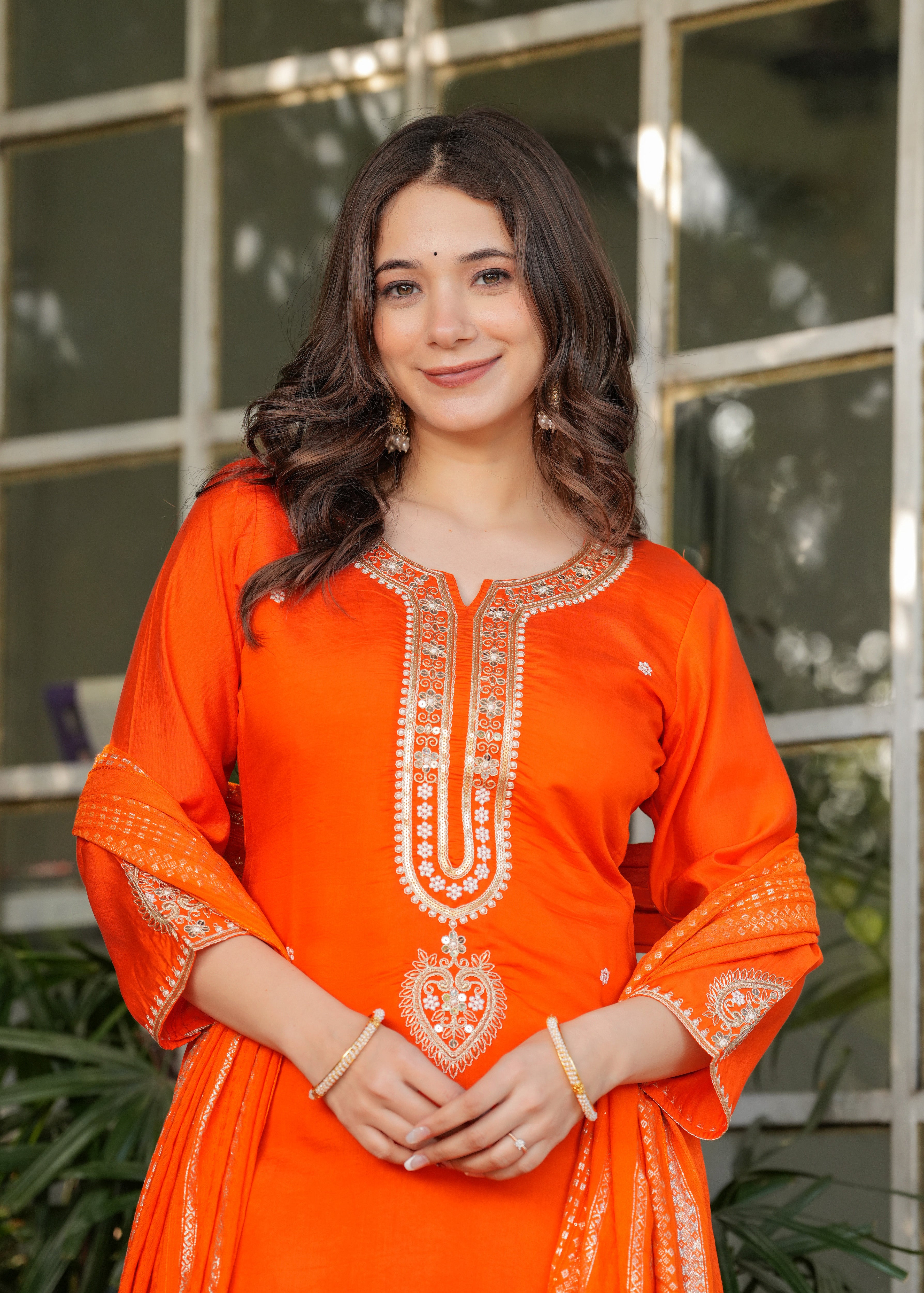 Orange Viscose Chanderi Embroidered Kurta Set