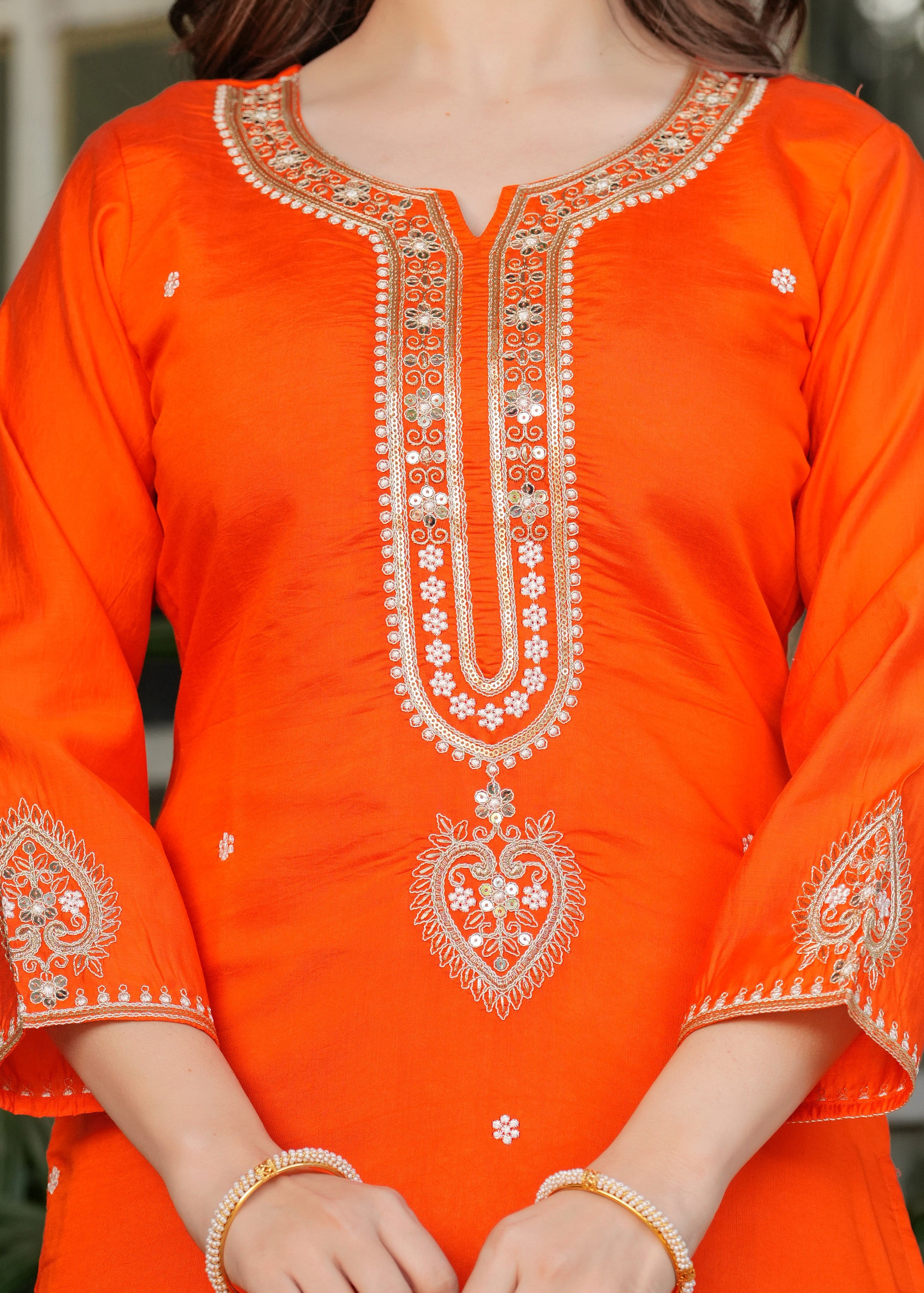 Orange Viscose Chanderi Embroidered Kurta Set