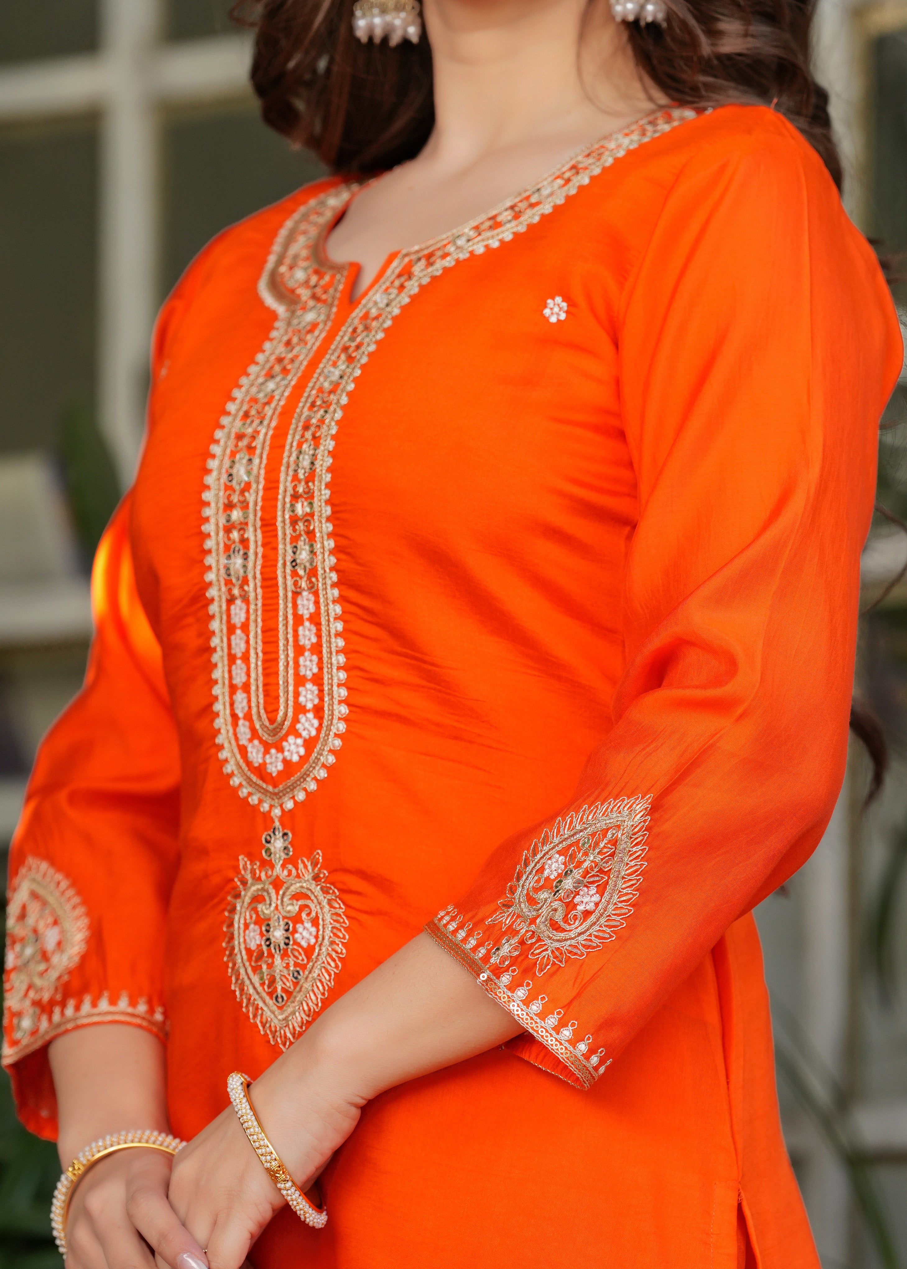 Orange Viscose Chanderi Embroidered Kurta Set