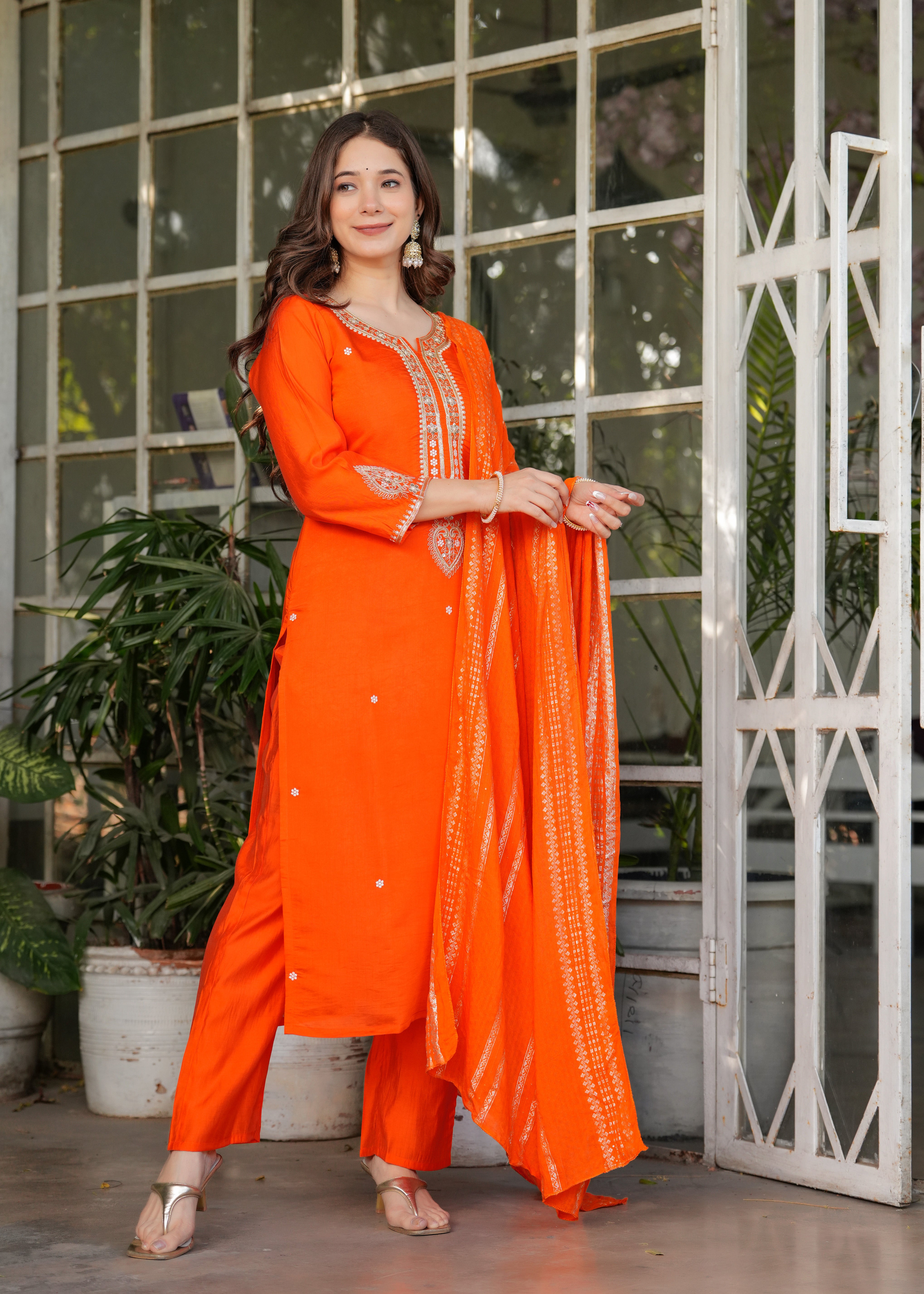 Orange Viscose Chanderi Embroidered Kurta Set