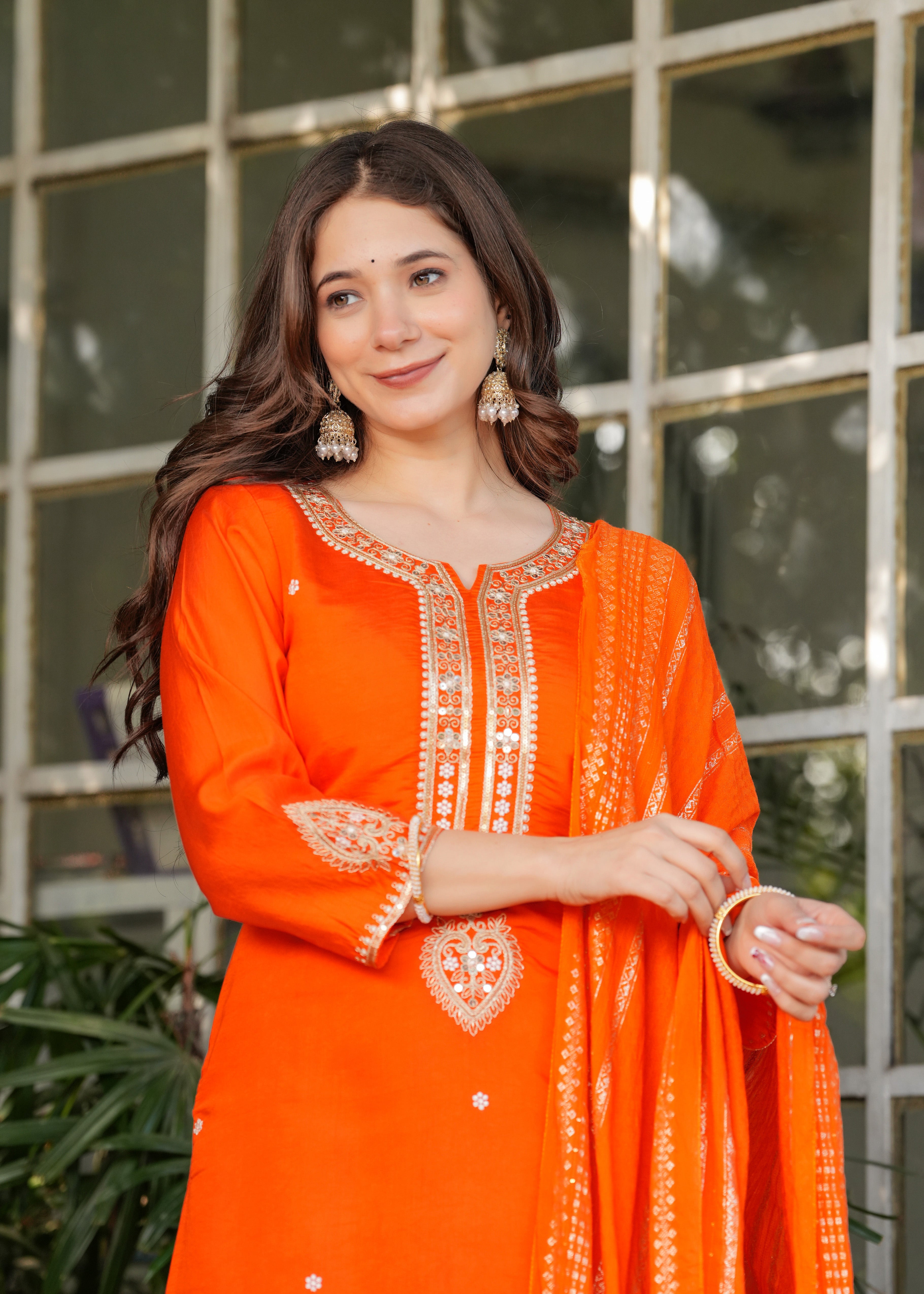 Orange Viscose Chanderi Embroidered Kurta Set
