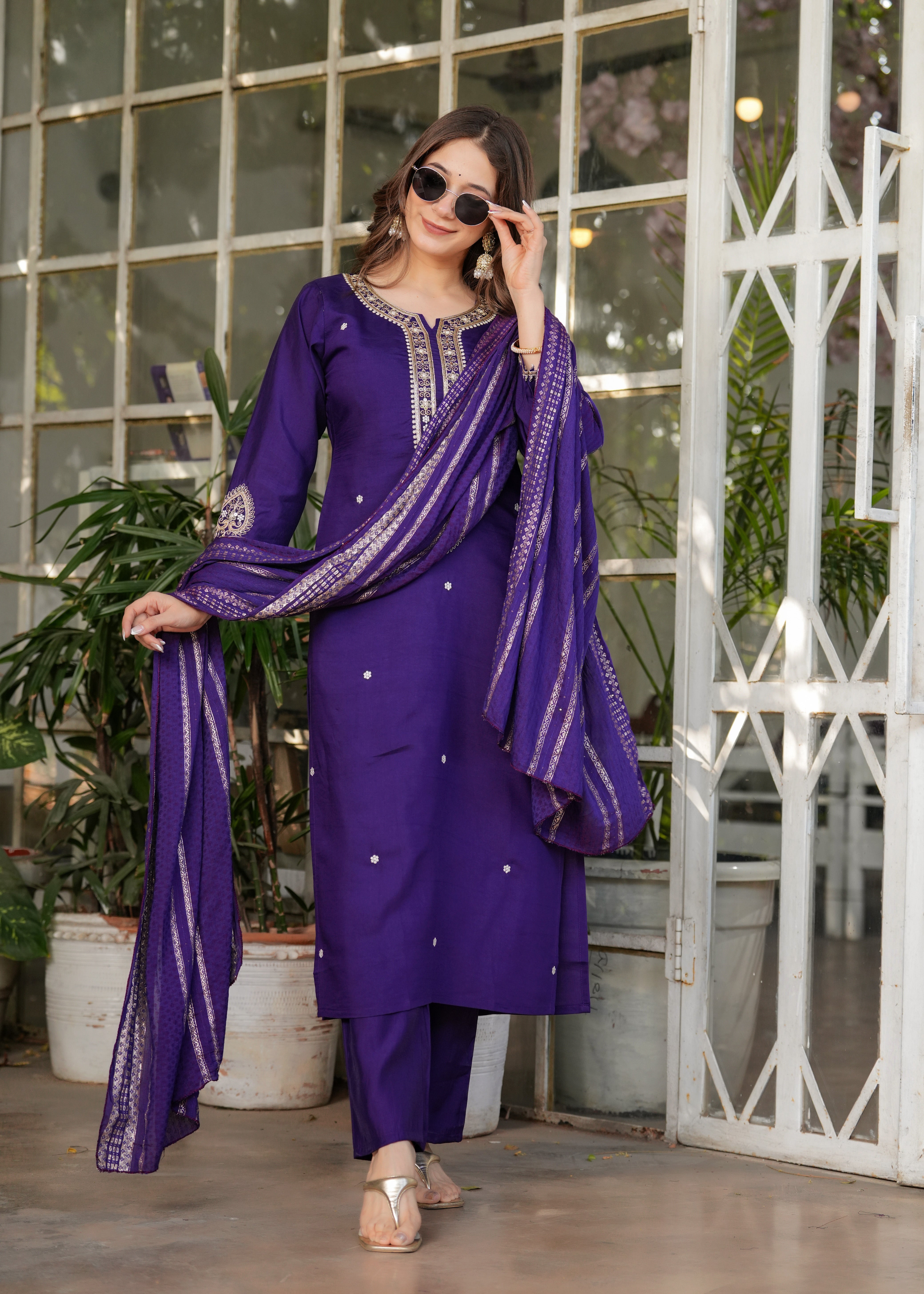 Deep Purple Viscose Chanderi Embroidered Kurta Set