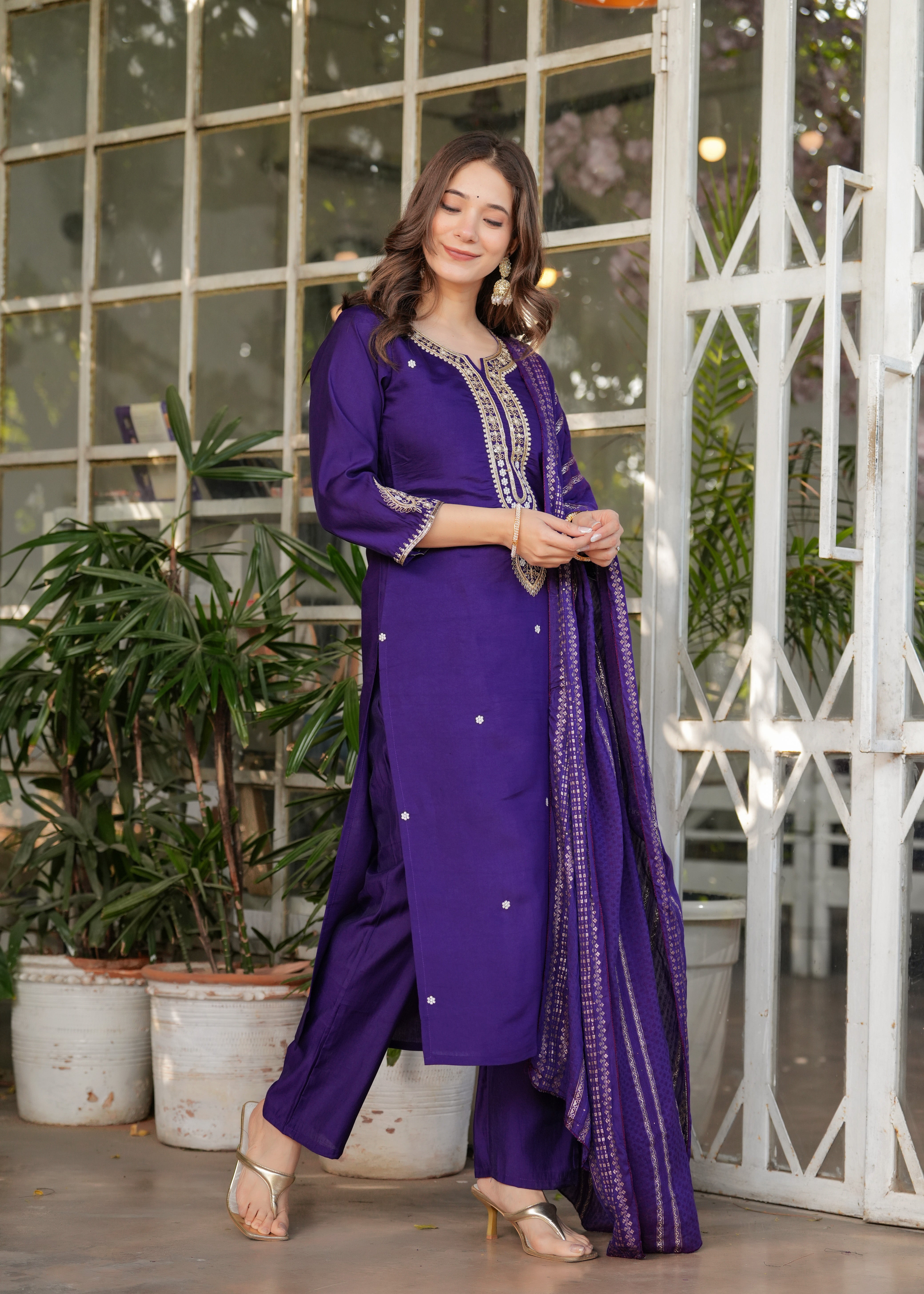 Deep Purple Viscose Chanderi Embroidered Kurta Set