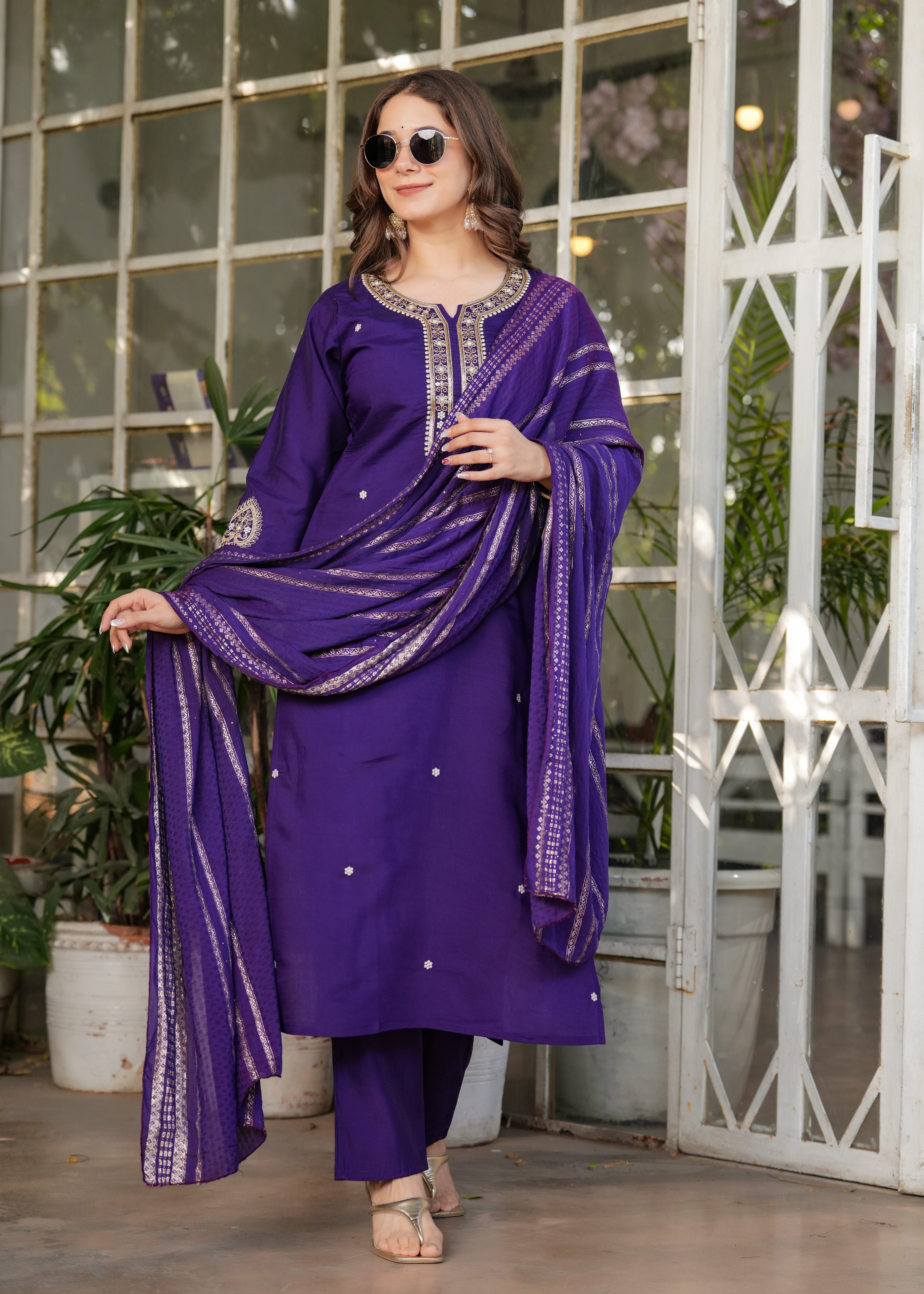 Deep Purple Viscose Chanderi Embroidered Kurta Set
