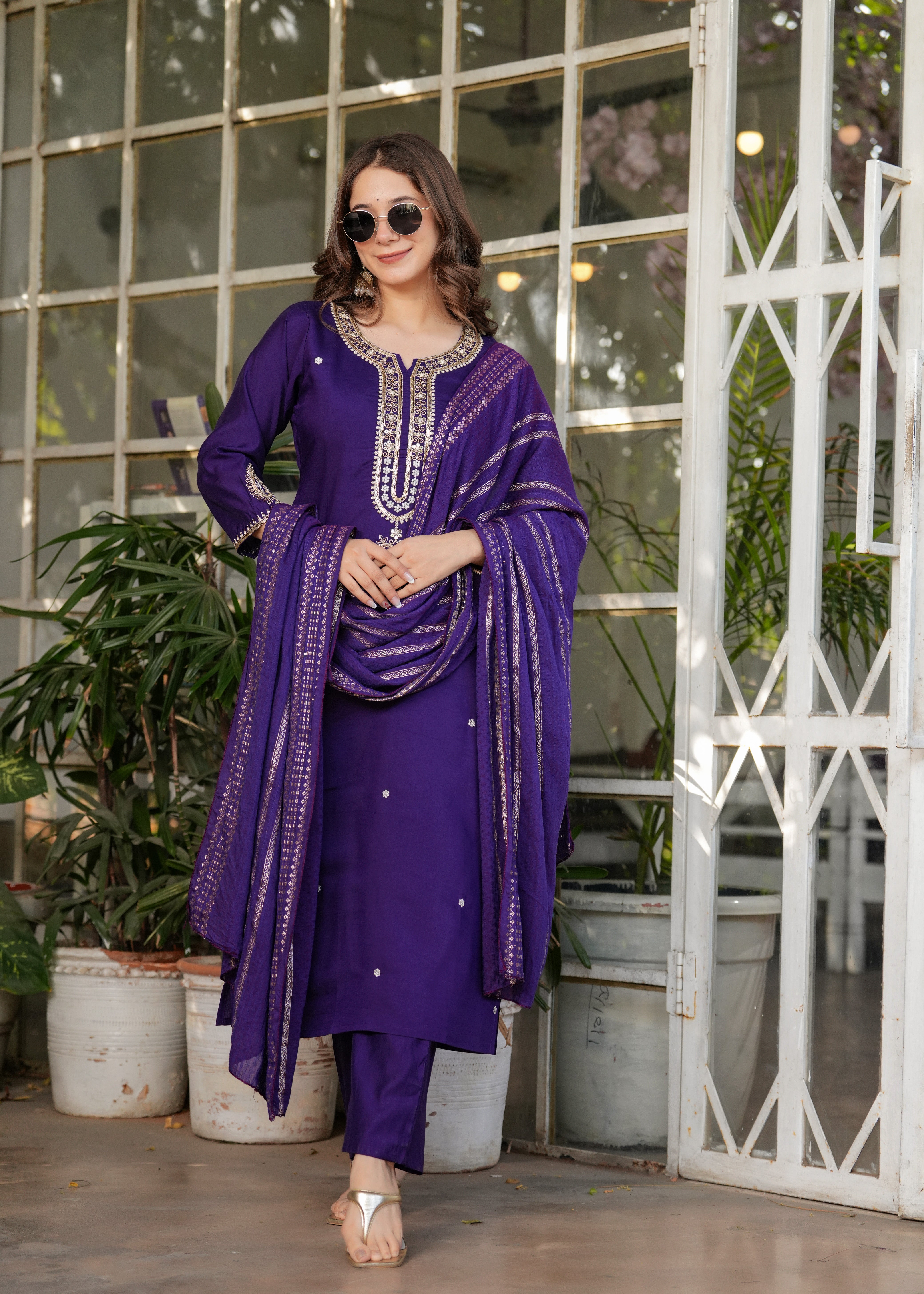 Deep Purple Viscose Chanderi Embroidered Kurta Set