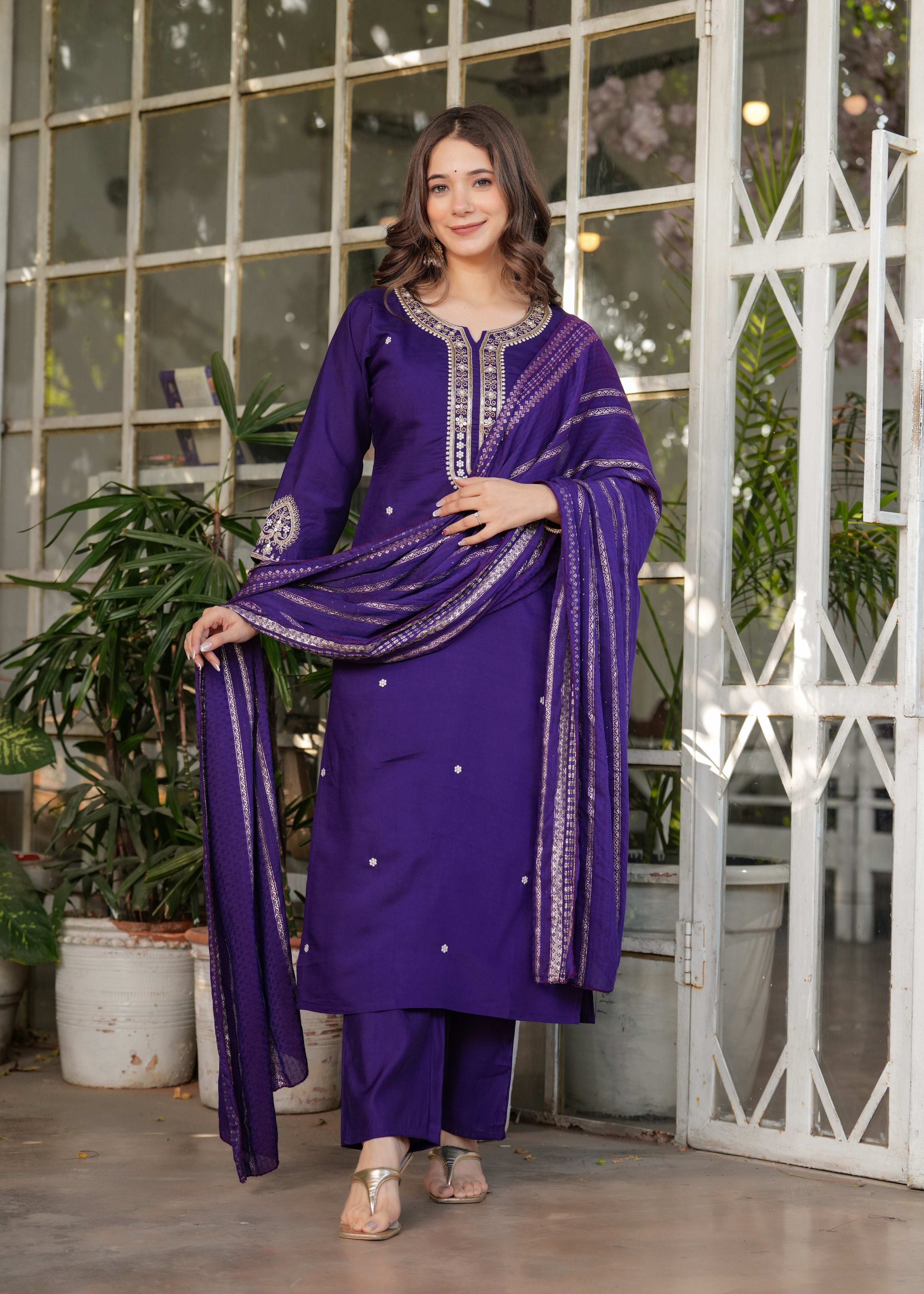 Deep Purple Viscose Chanderi Embroidered Kurta Set