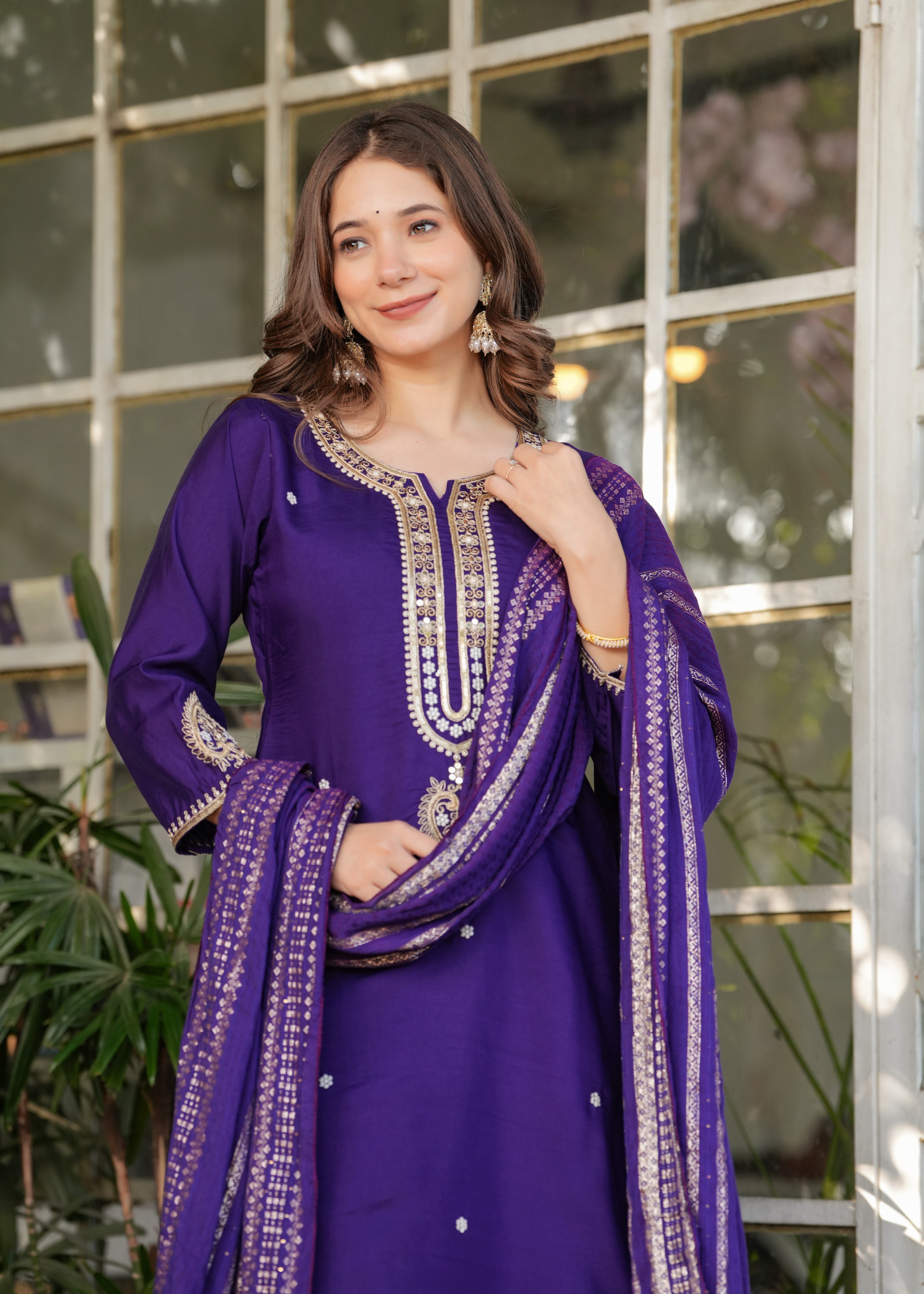 Deep Purple Viscose Chanderi Embroidered Kurta Set