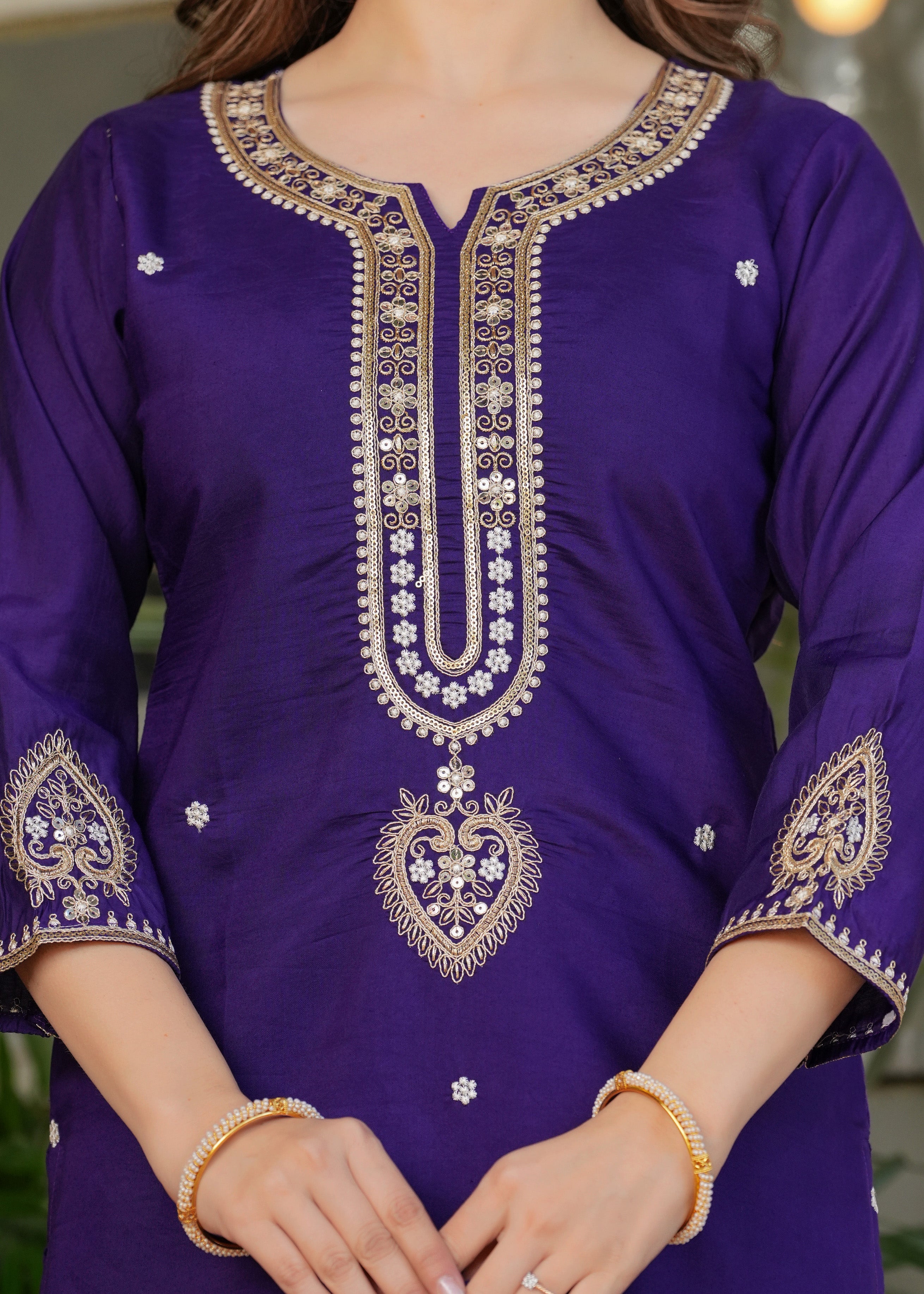 Deep Purple Viscose Chanderi Embroidered Kurta Set
