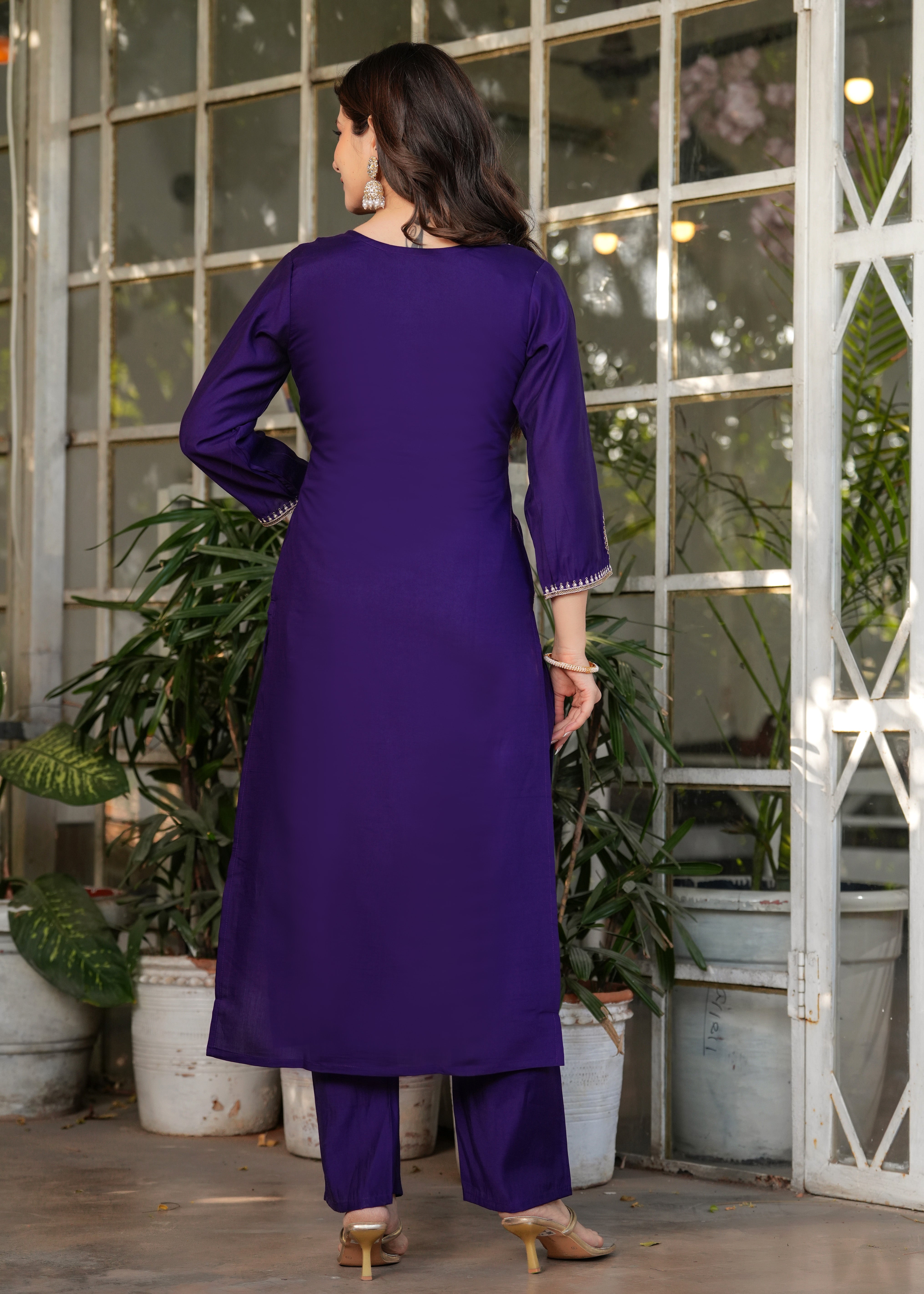 Deep Purple Viscose Chanderi Embroidered Kurta Set