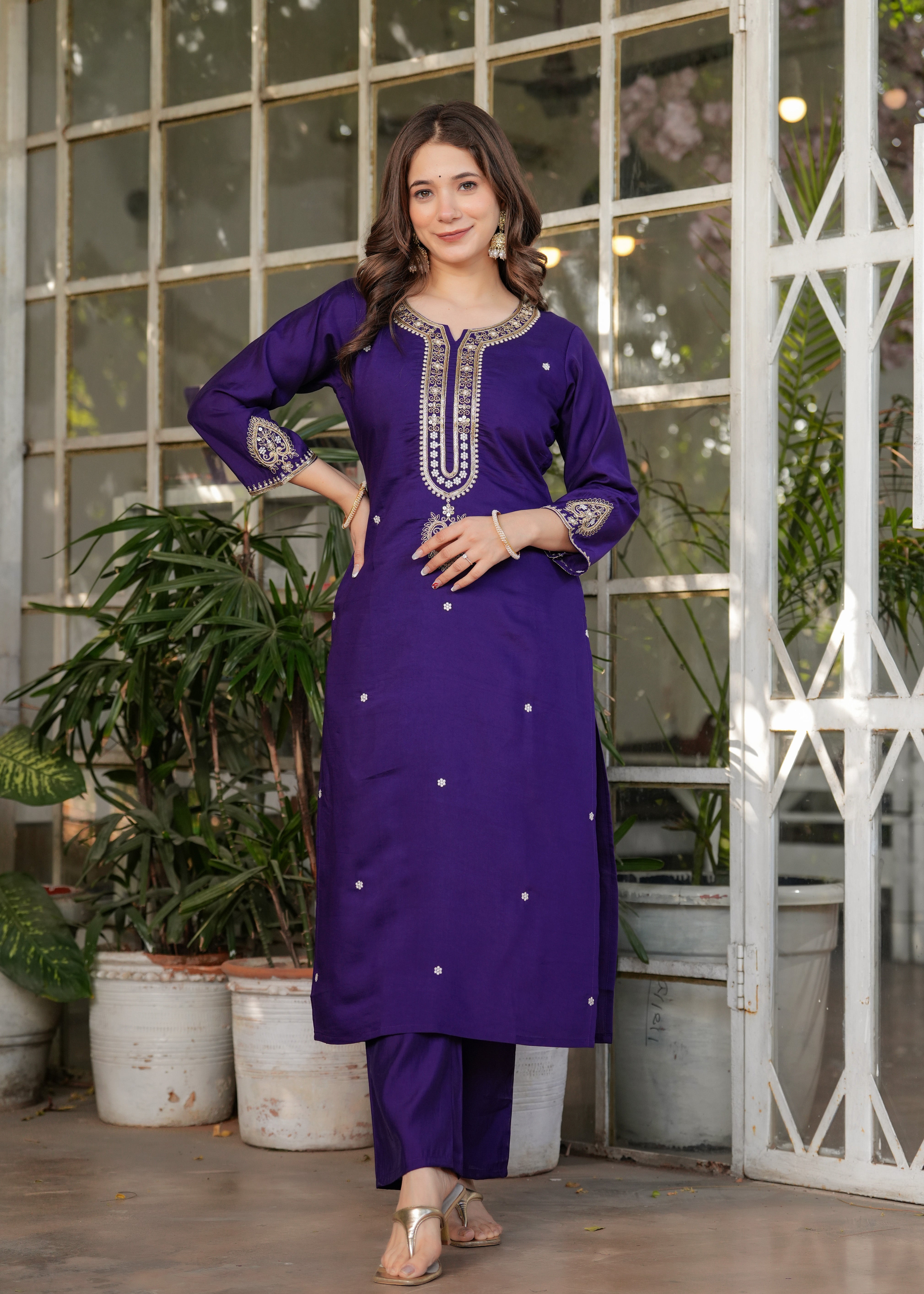 Deep Purple Viscose Chanderi Embroidered Kurta Set