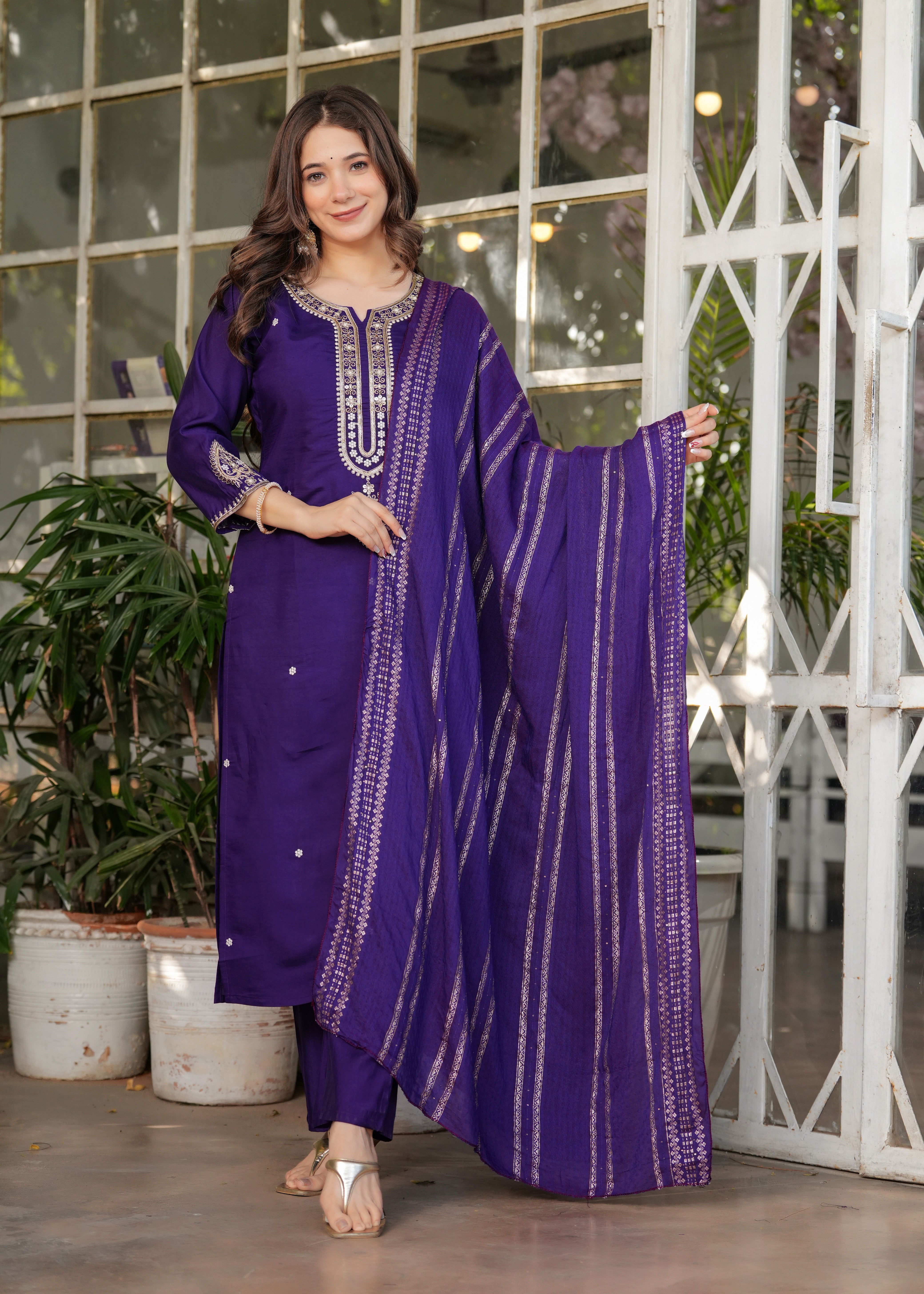 Deep Purple Viscose Chanderi Embroidered Kurta Set