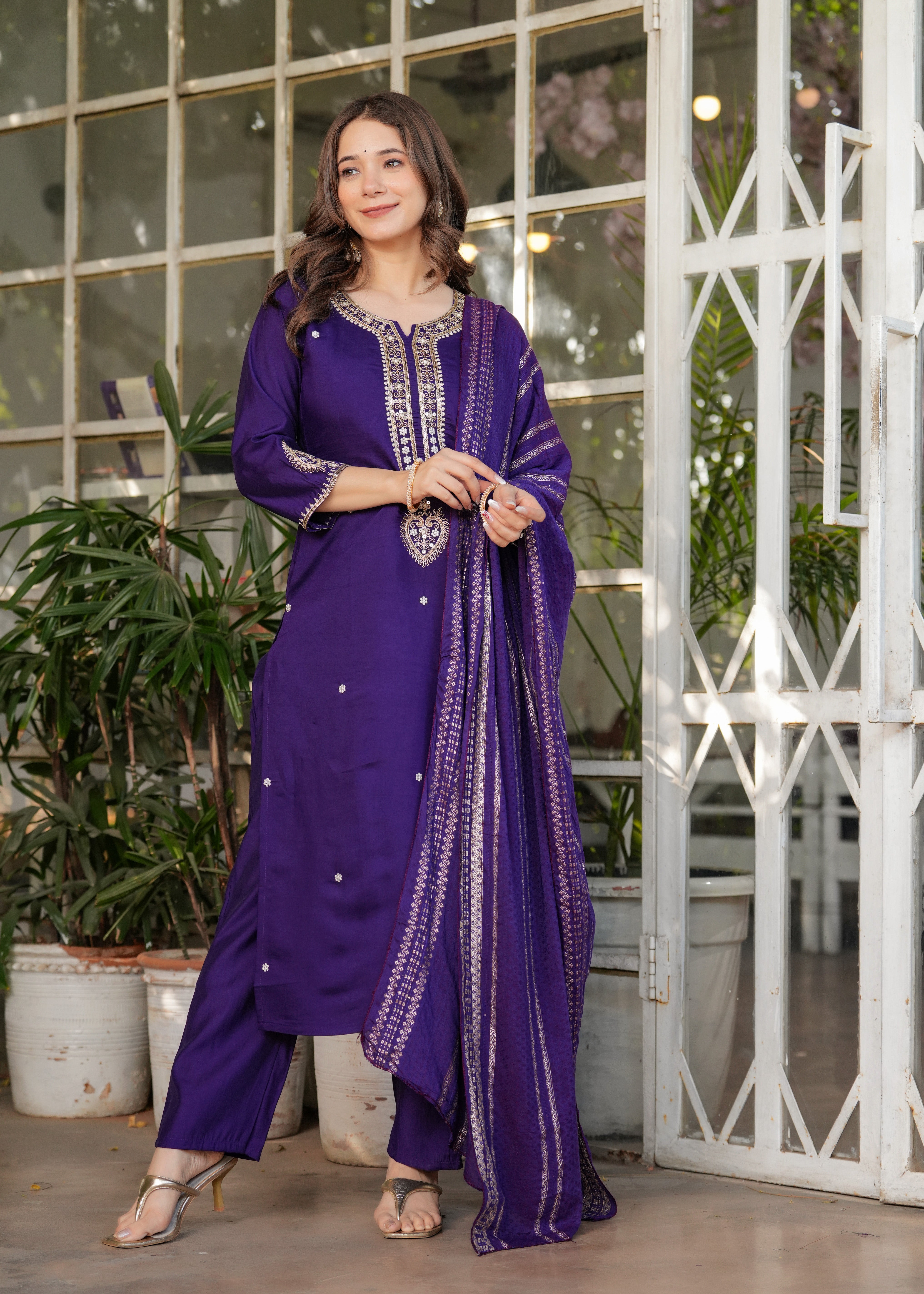 Deep Purple Viscose Chanderi Embroidered Kurta Set