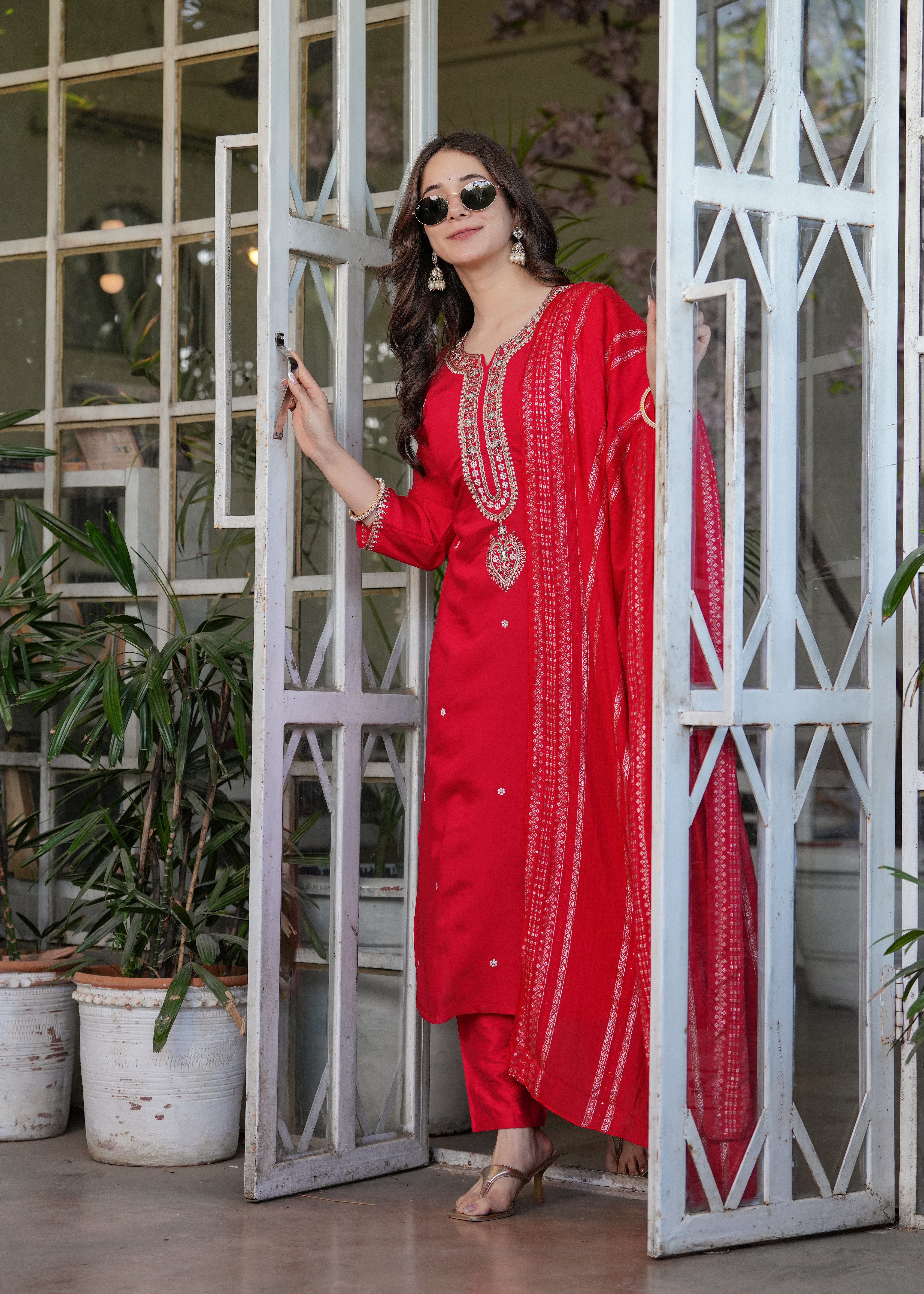 Vibrant Red Viscose Chanderi Embroidered Kurta Set