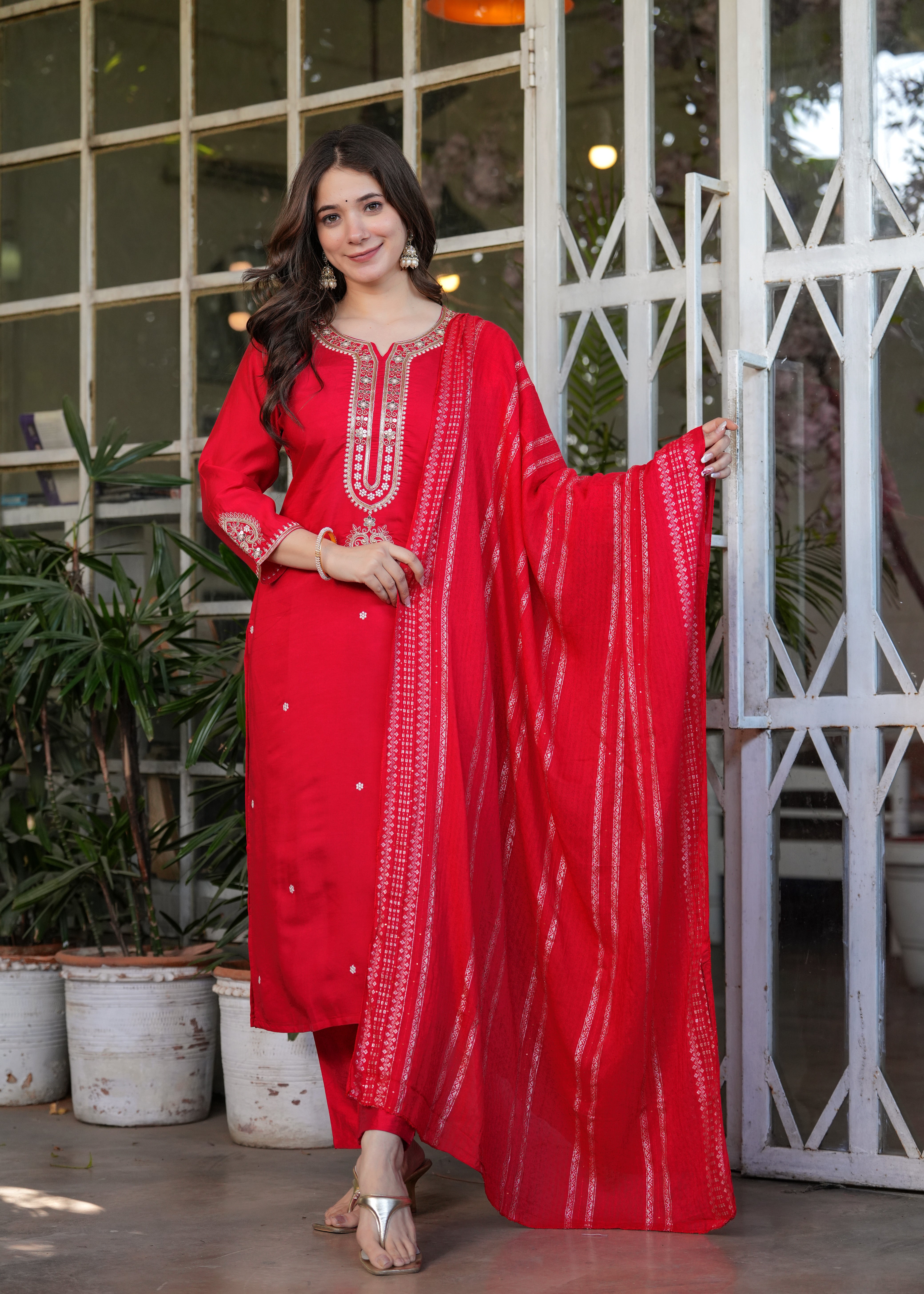 Vibrant Red Viscose Chanderi Embroidered Kurta Set
