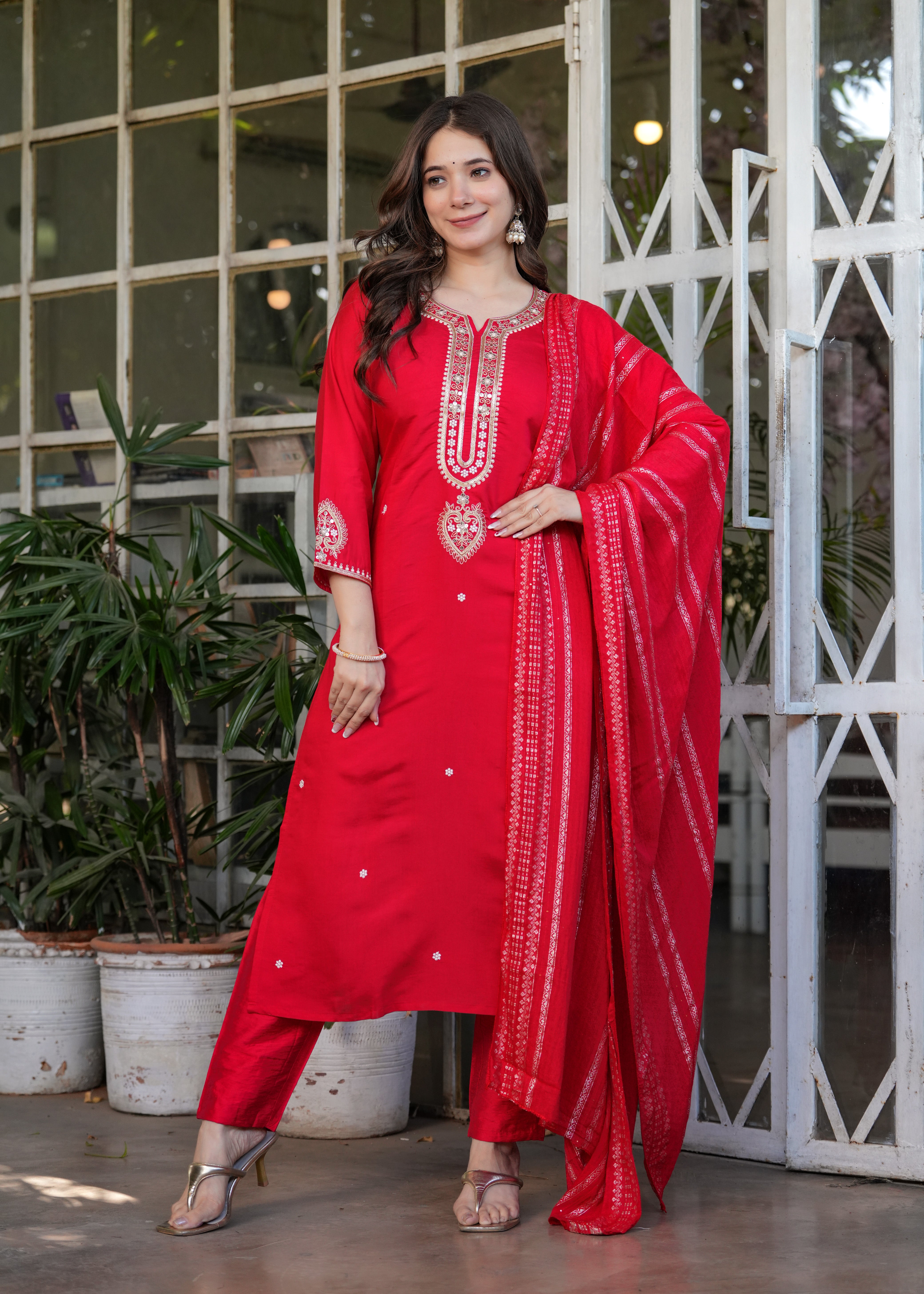 Vibrant Red Viscose Chanderi Embroidered Kurta Set