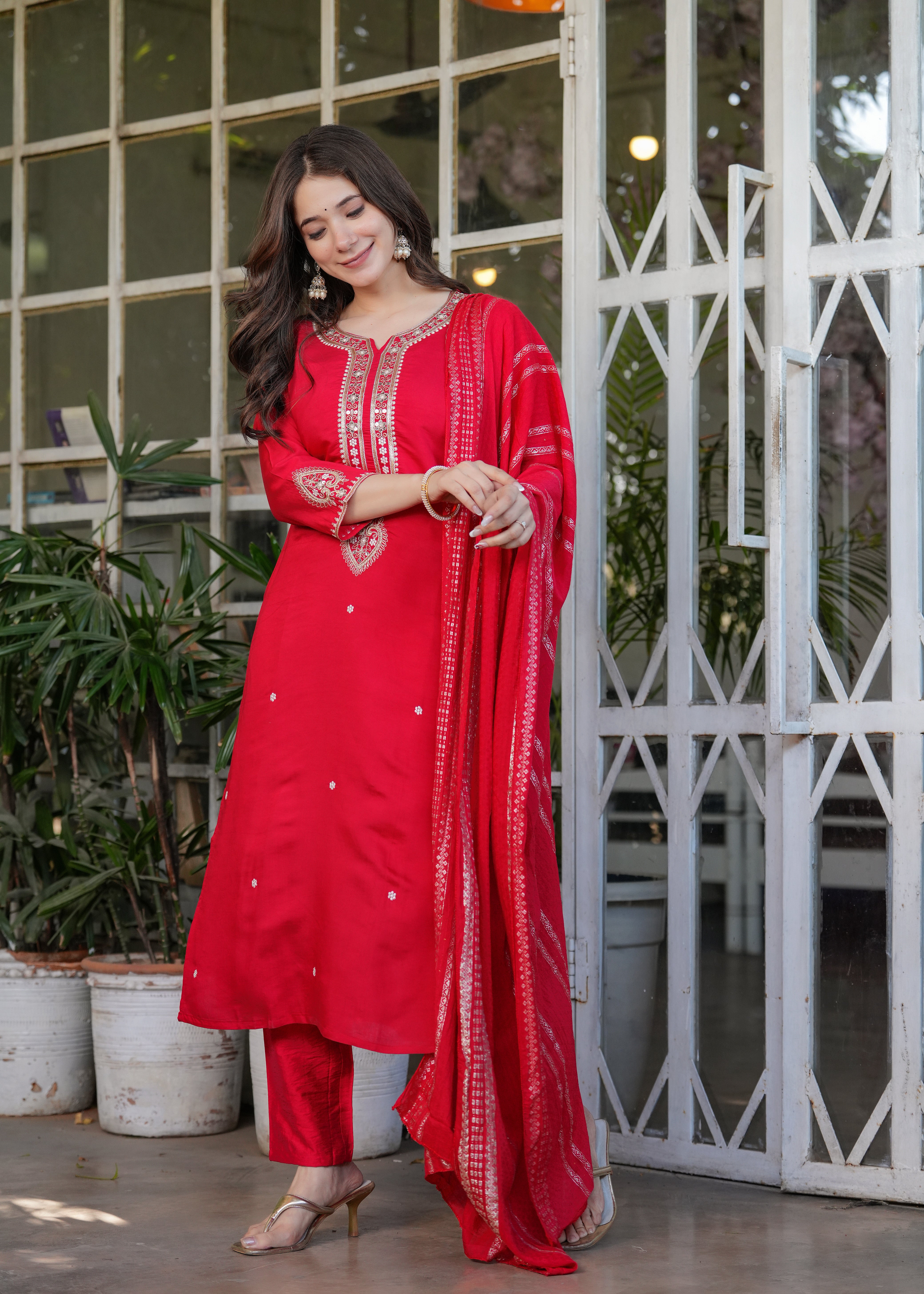 Vibrant Red Viscose Chanderi Embroidered Kurta Set