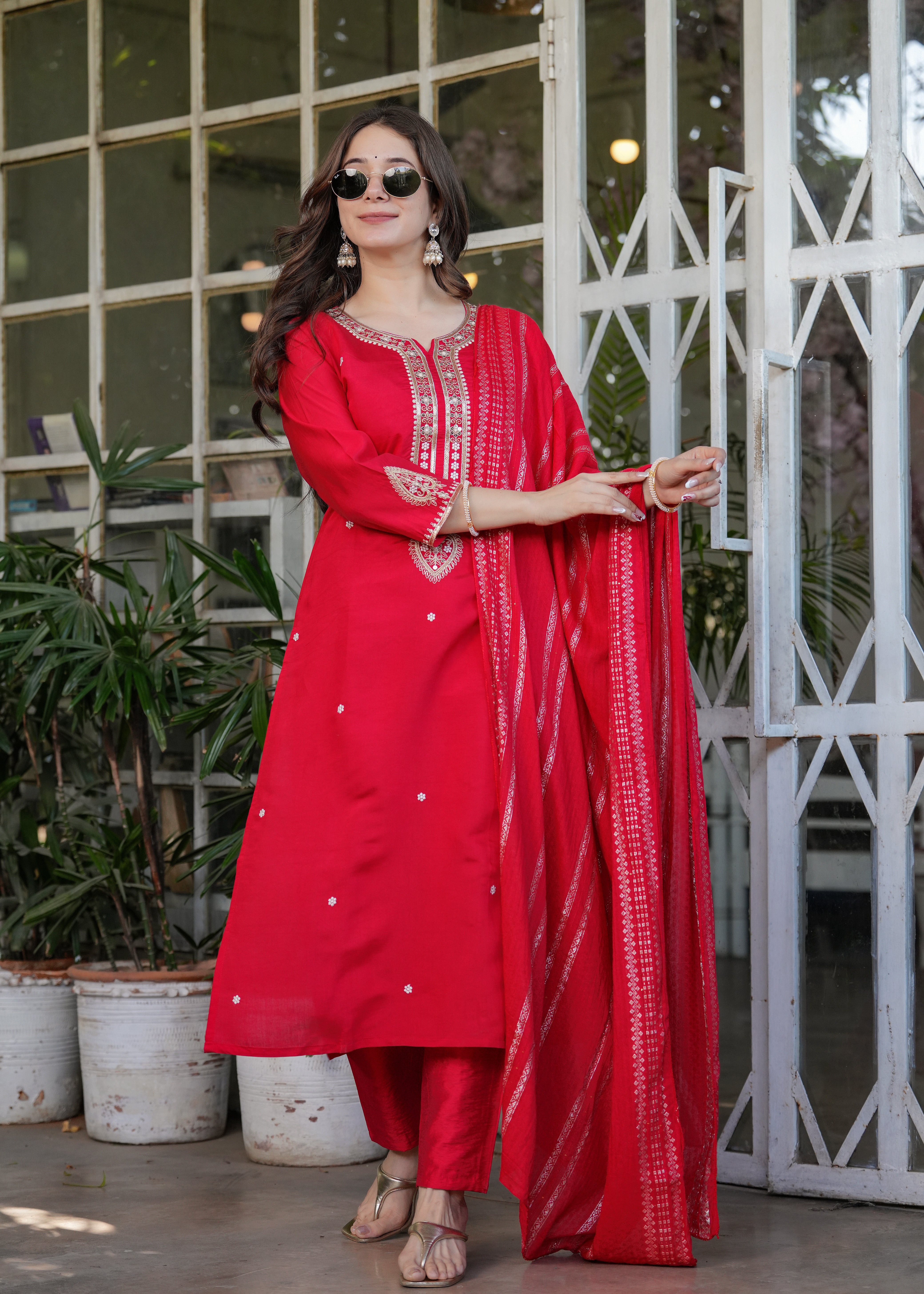 Vibrant Red Viscose Chanderi Embroidered Kurta Set